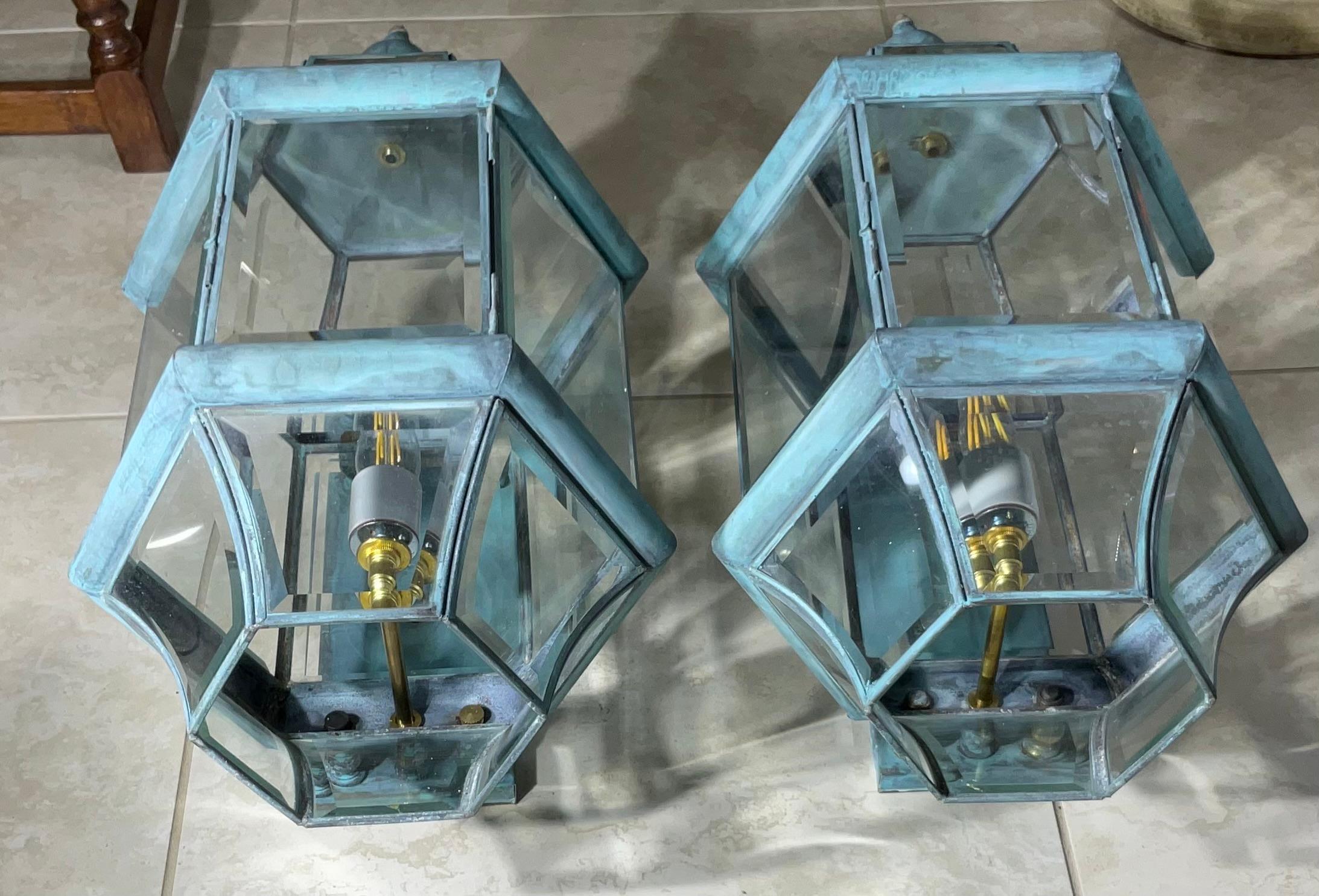 Large Pair of Solid Handcrafted Wall-Mounted Brass Lantern 24”H x 11”W x 12”D For Sale 1