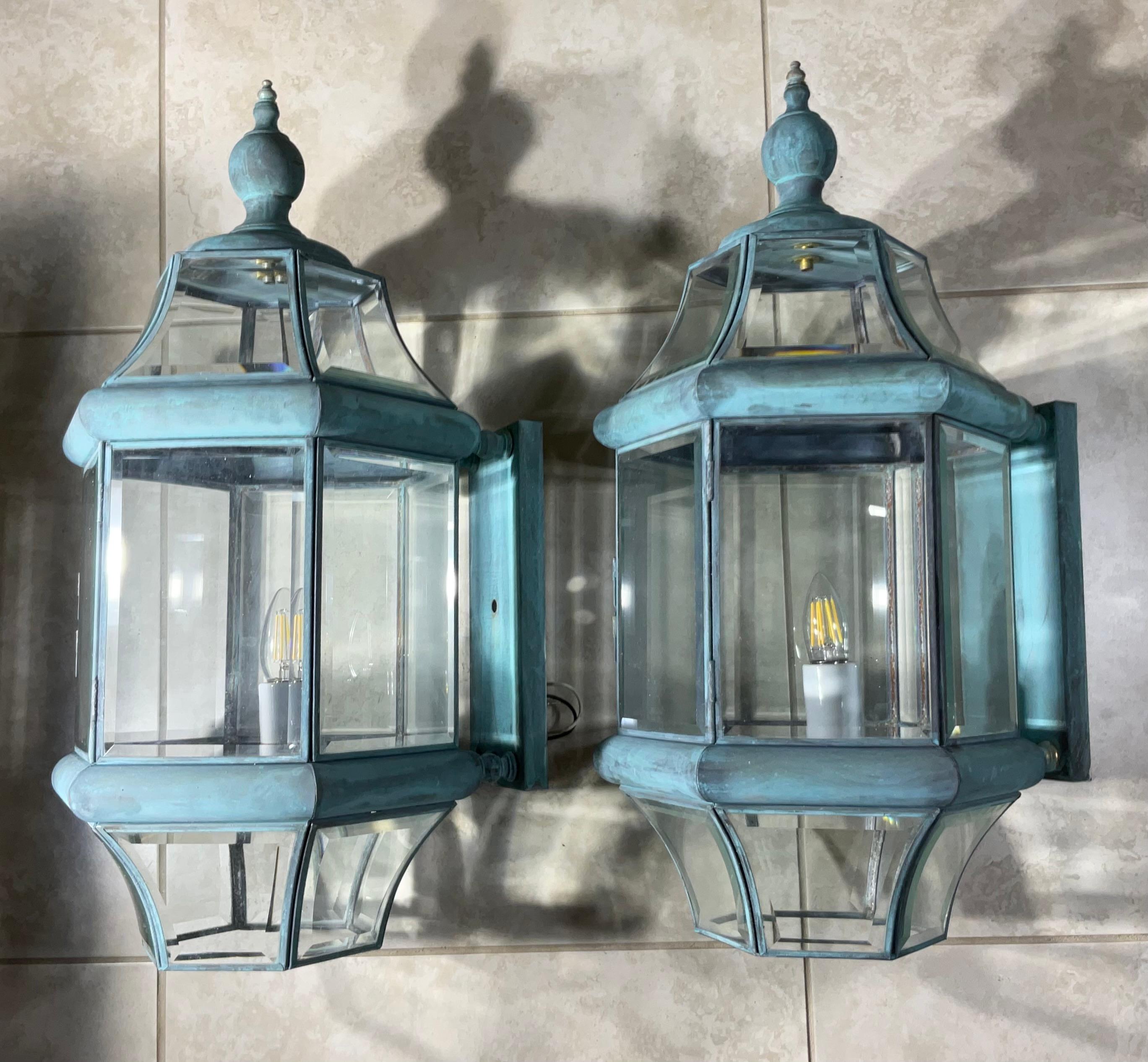 Large Pair of Solid Handcrafted Wall-Mounted Brass Lantern 24”H x 11”W x 12”D For Sale 2