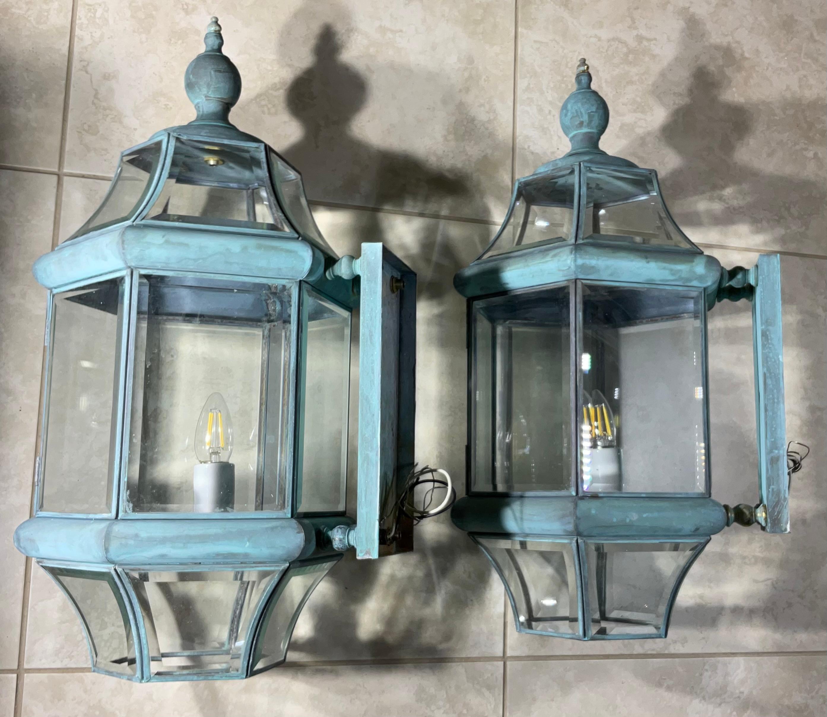 Large Pair of Solid Handcrafted Wall-Mounted Brass Lantern 24”H x 11”W x 12”D For Sale 3