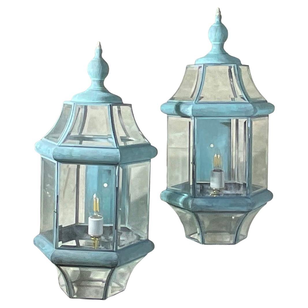 Large Pair of Solid Handcrafted Wall-Mounted Brass Lantern 24”H x 11”W x 12”D