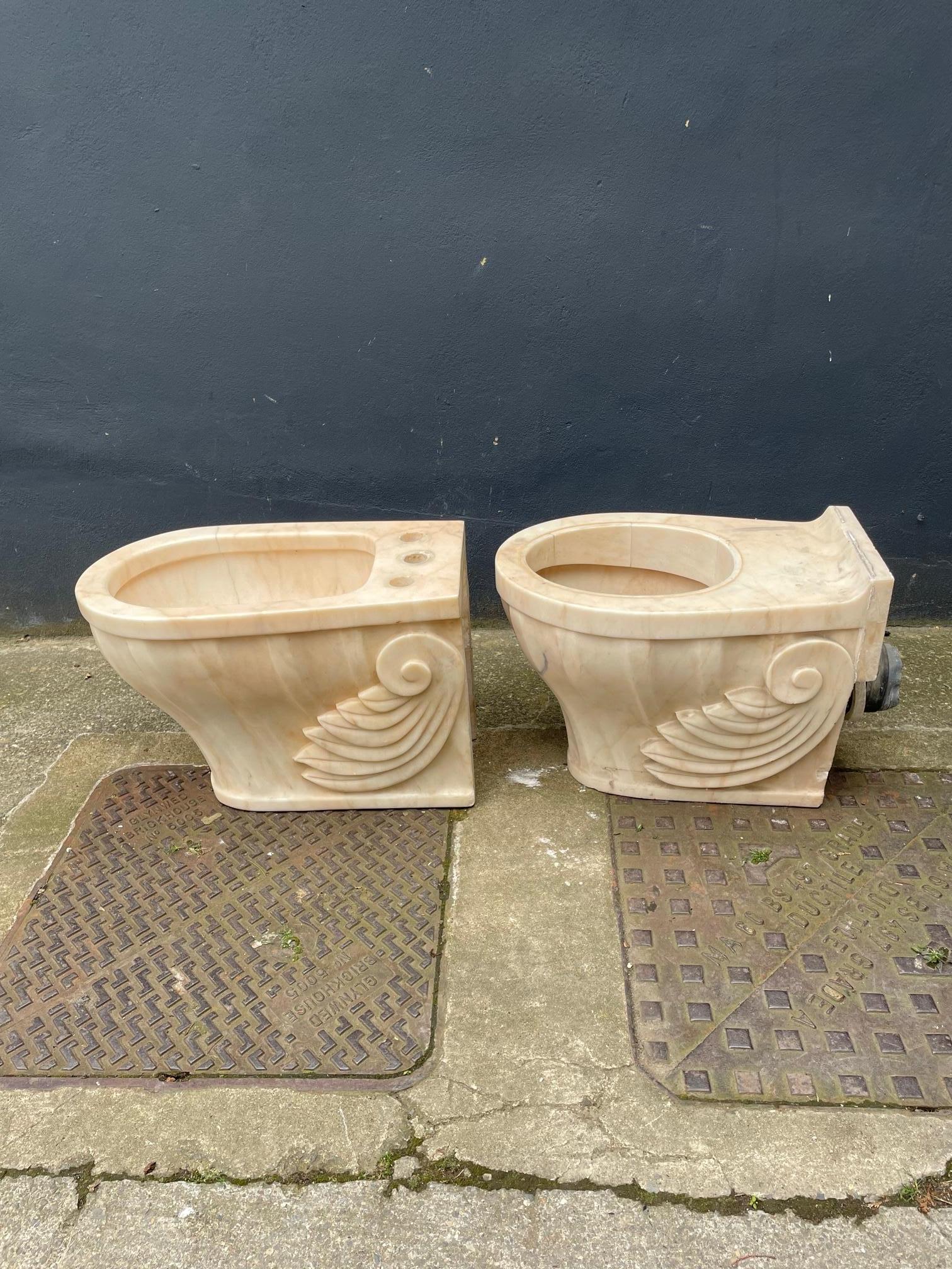 Large Pair of Solid Marble Sink Basins and matching Toilet and Bidet 4