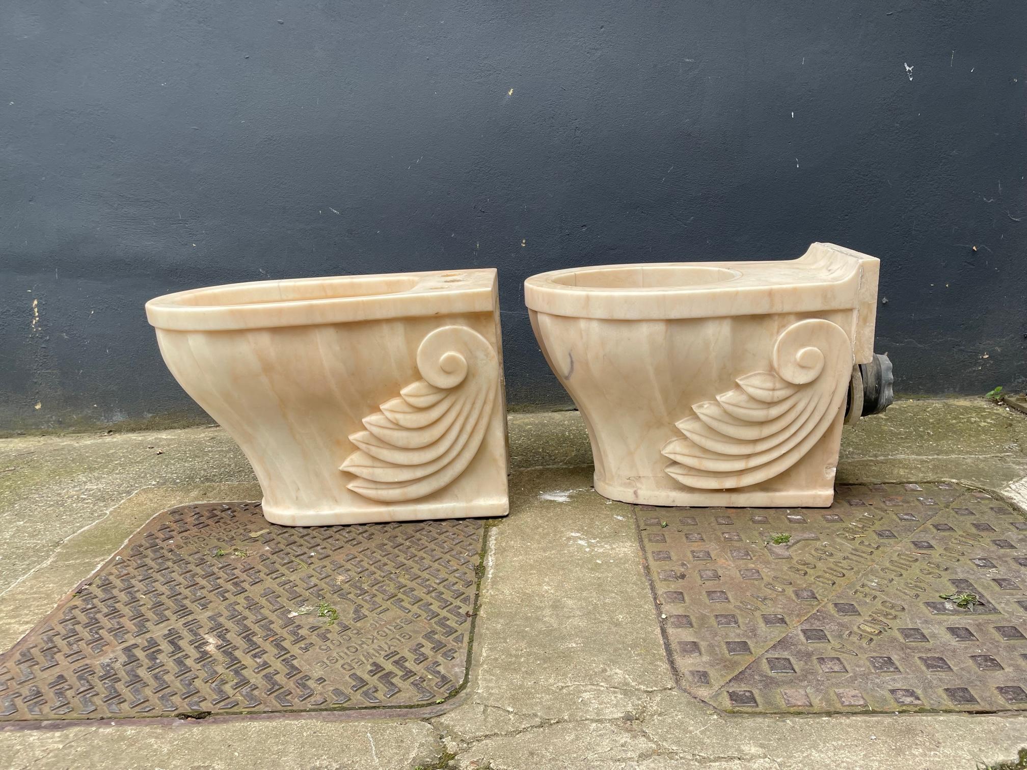 Large Pair of Solid Marble Sink Basins and matching Toilet and Bidet 3