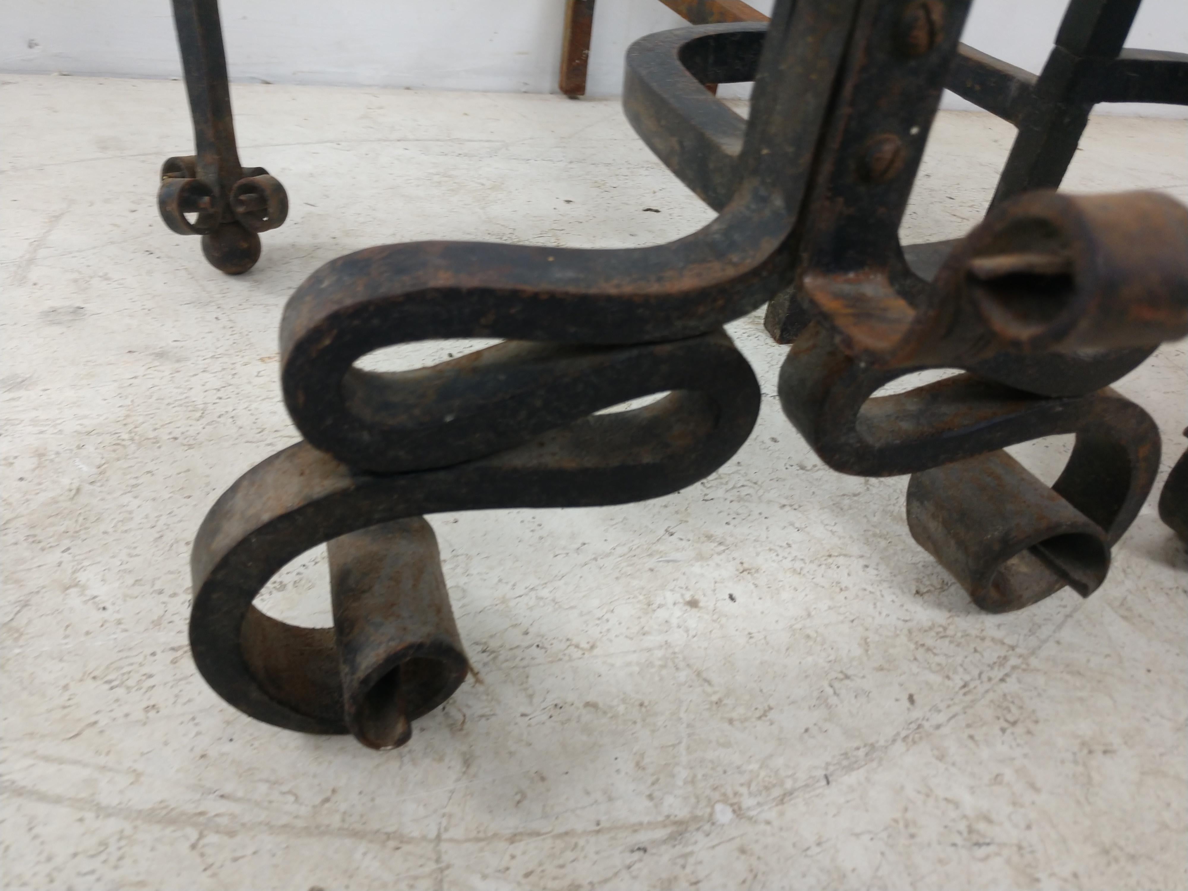 Large Pair Hand Forged Iron Spanish Colonial Mission Arts & Crafts  Andirons For Sale 3