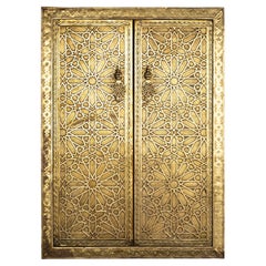 Antique Large Pair of Spanish Toledo Gilt Bronze Alhambra Pattern Royal Palace Doors