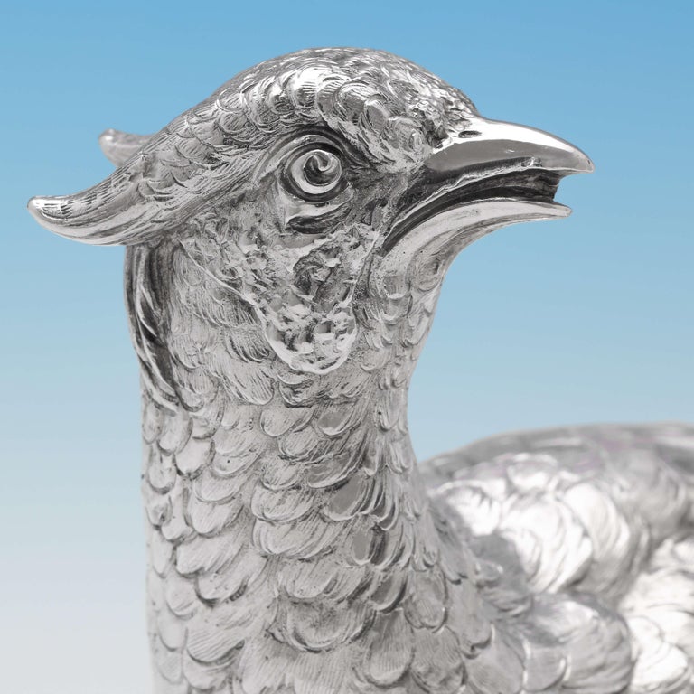 Large Pair of Stunning Sterling Silver Pheasant Models by Berthold Muller In Good Condition For Sale In London, London