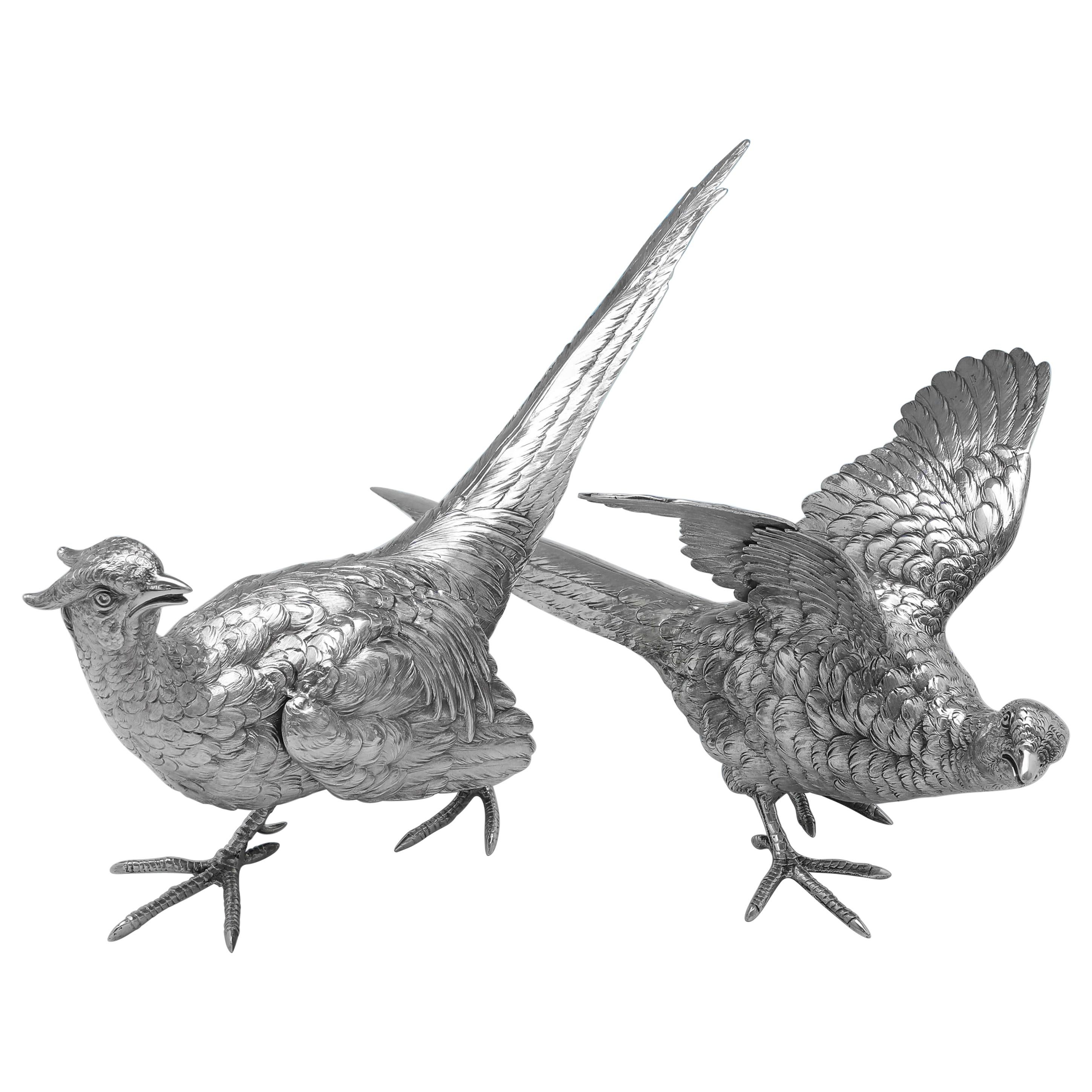 Large Pair of Stunning Sterling Silver Pheasant Models by Berthold Muller