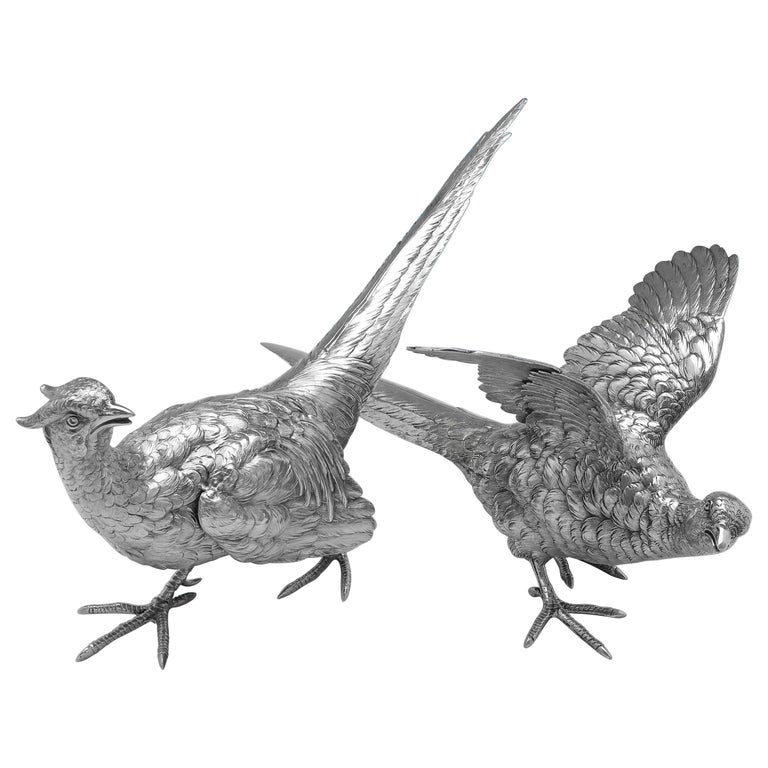 Large Pair of Stunning Sterling Silver Pheasant Models by Berthold Muller For Sale