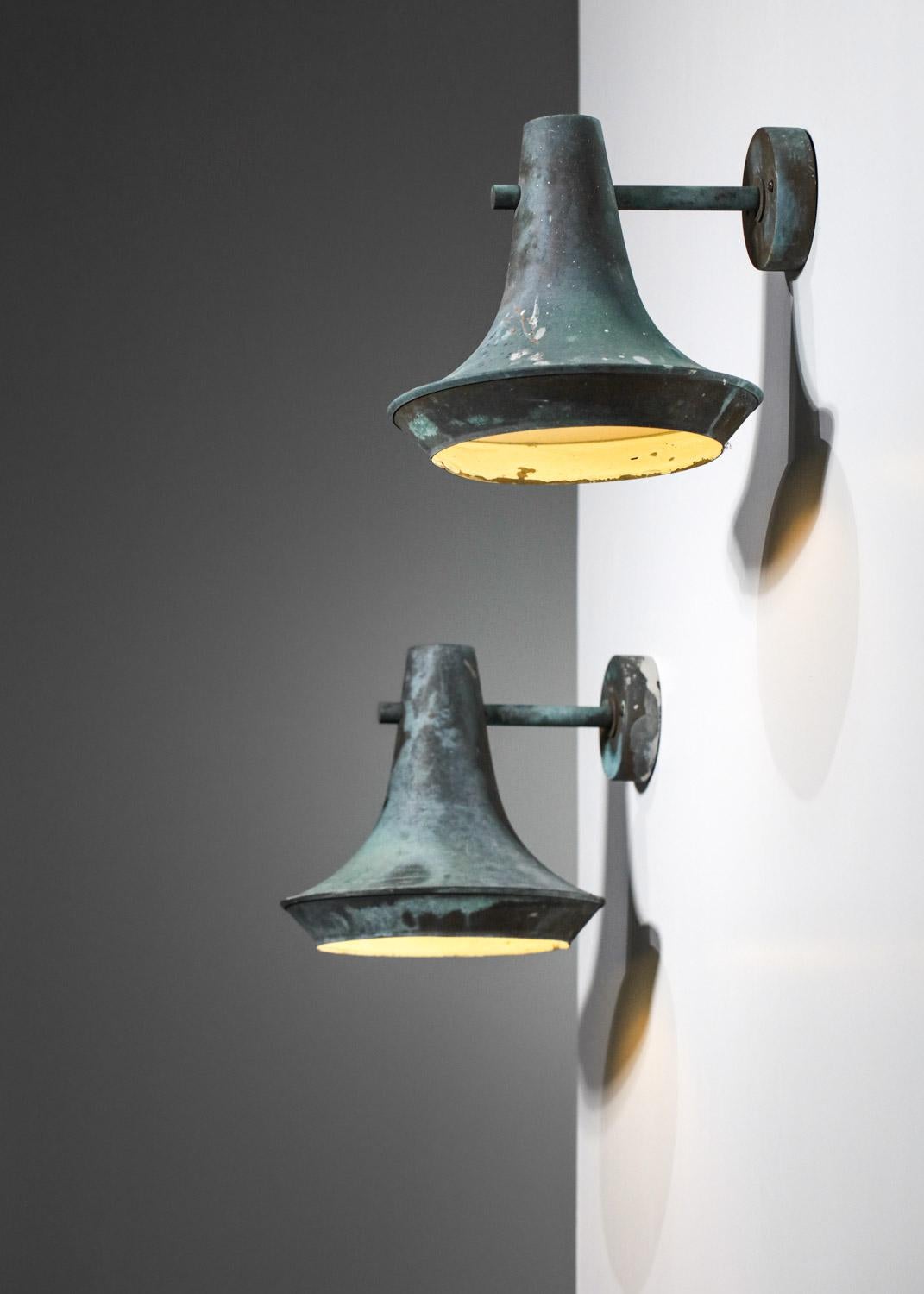 Large Pair of Swedish Copper Wall Lamps Attributed to Hans Agne Jakobsson Patina 6