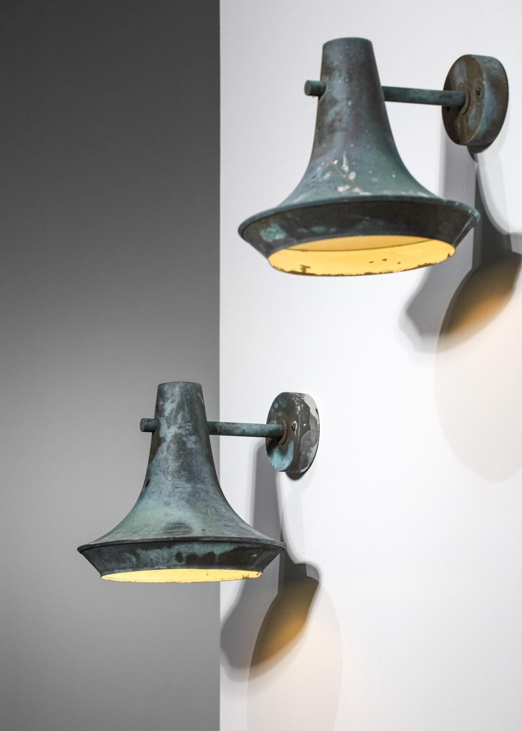 Large Pair of Swedish Copper Wall Lamps Attributed to Hans Agne Jakobsson Patina 11