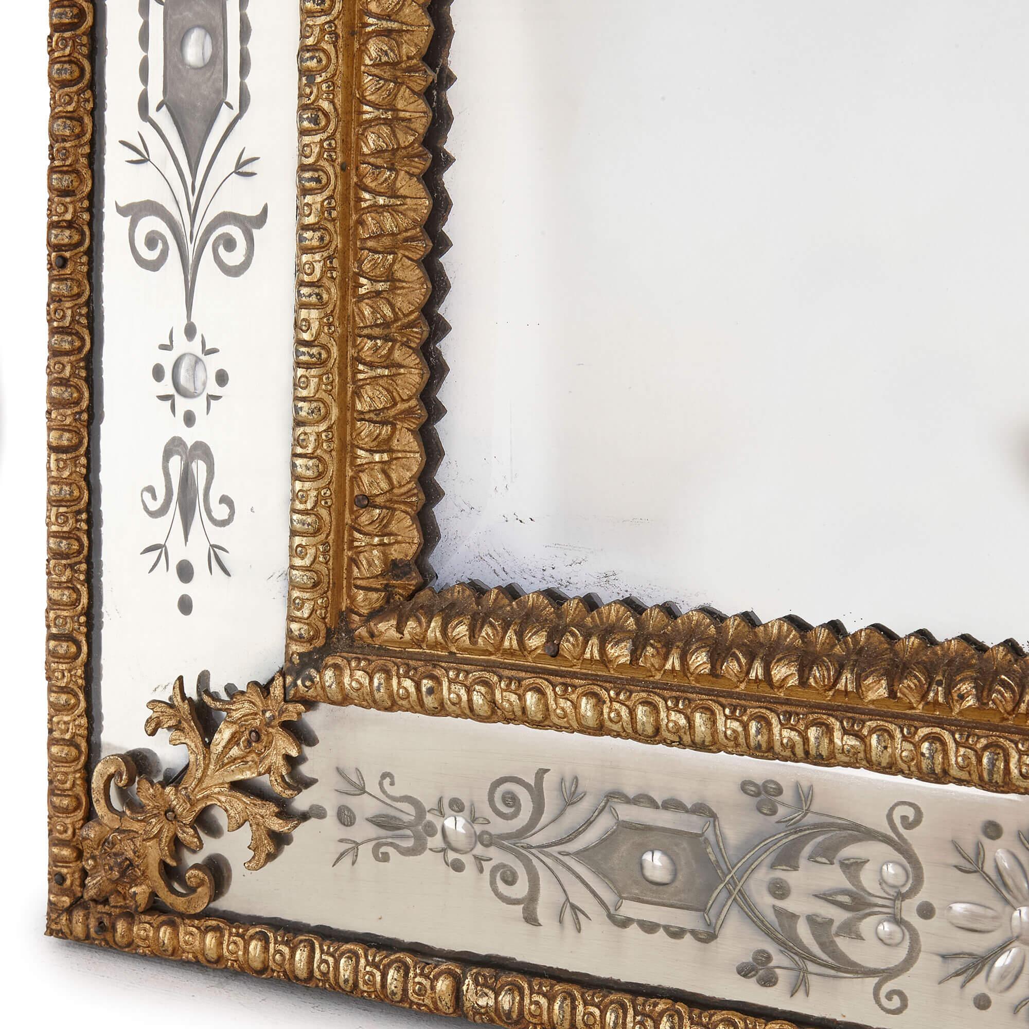 Paire de grands miroirs suédois en métal doré et verre gravé d'après Precht Bon état - En vente à London, GB