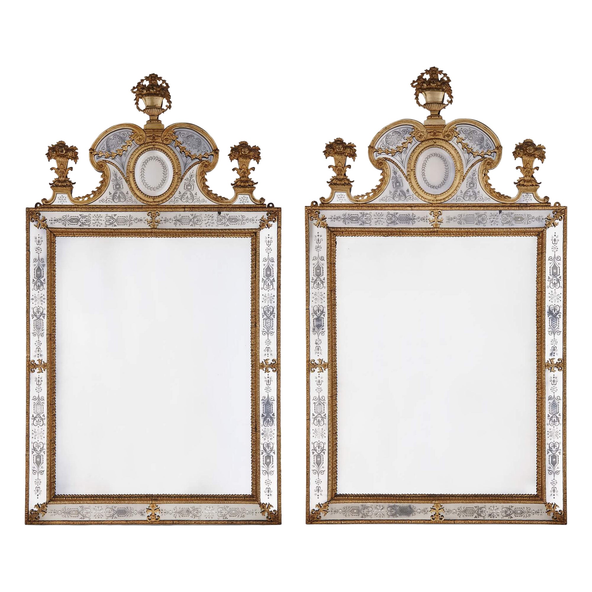 Large Pair of Swedish Gilt Metal and Engraved Glass Mirrors after Precht