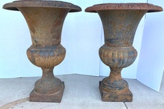 Large Pair of Tall Antique French Louis XVI Cast Iron Footed Urns Planters