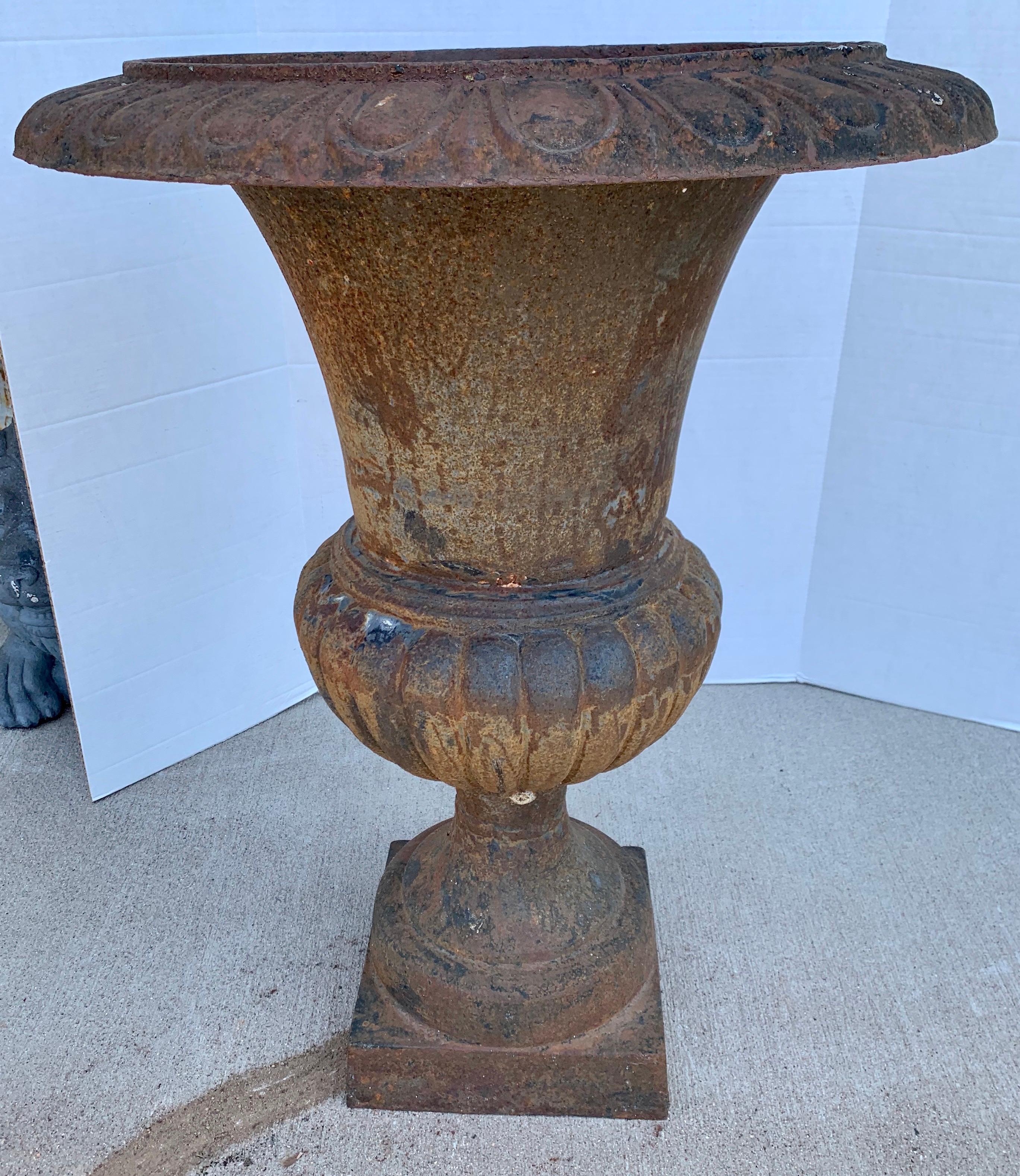 Large Pair of Tall Antique French Louis XVI Cast Iron Footed Urns Planters In Good Condition In West Hartford, CT