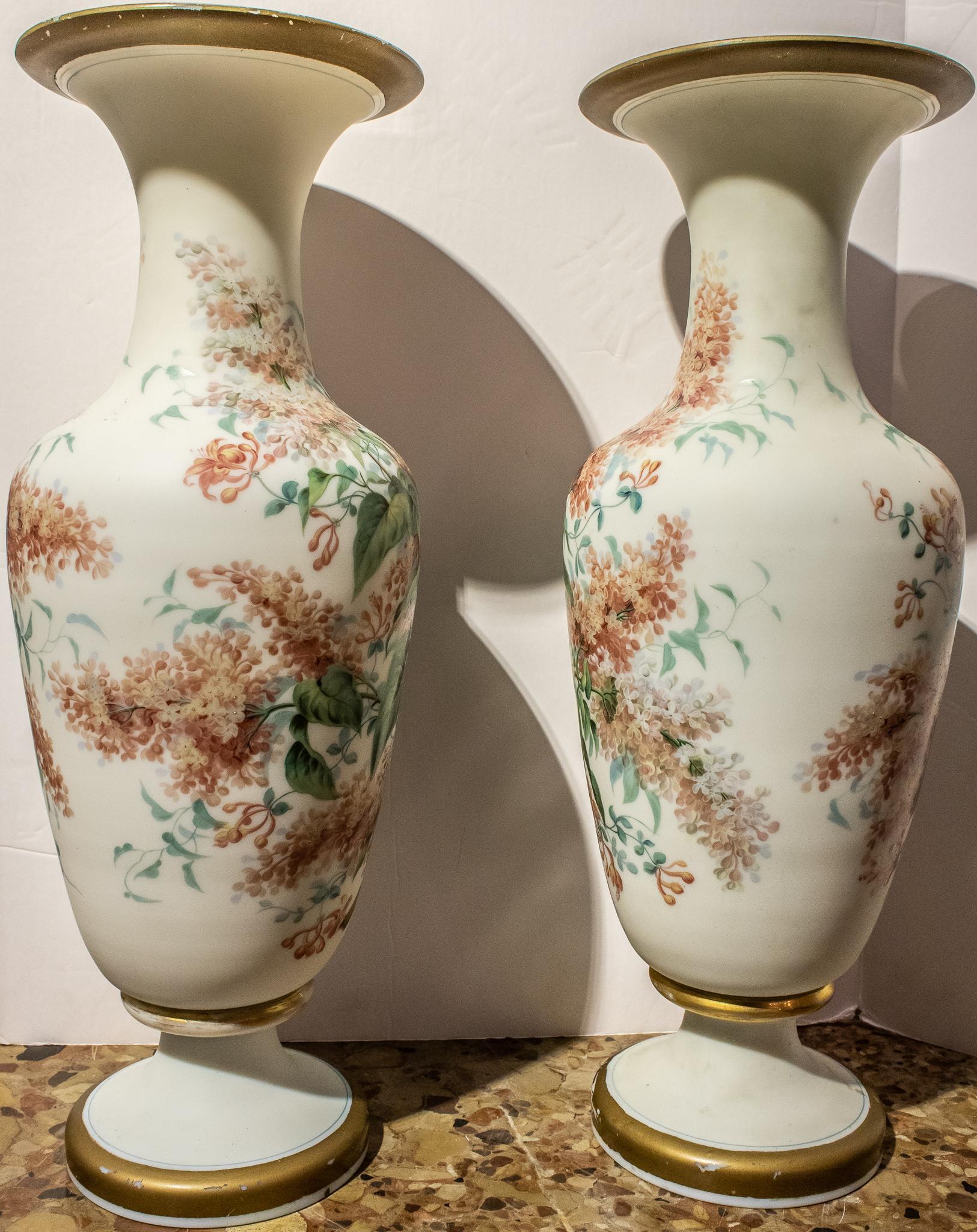 Large Pair of Tall Opaline Vases with Painted Bird and Floral Decorations In Excellent Condition For Sale In New York, NY