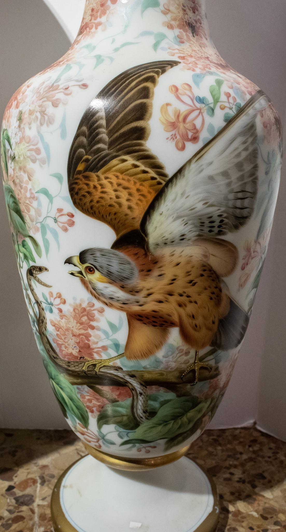 Large Pair of Tall Opaline Vases with Painted Bird and Floral Decorations For Sale 2