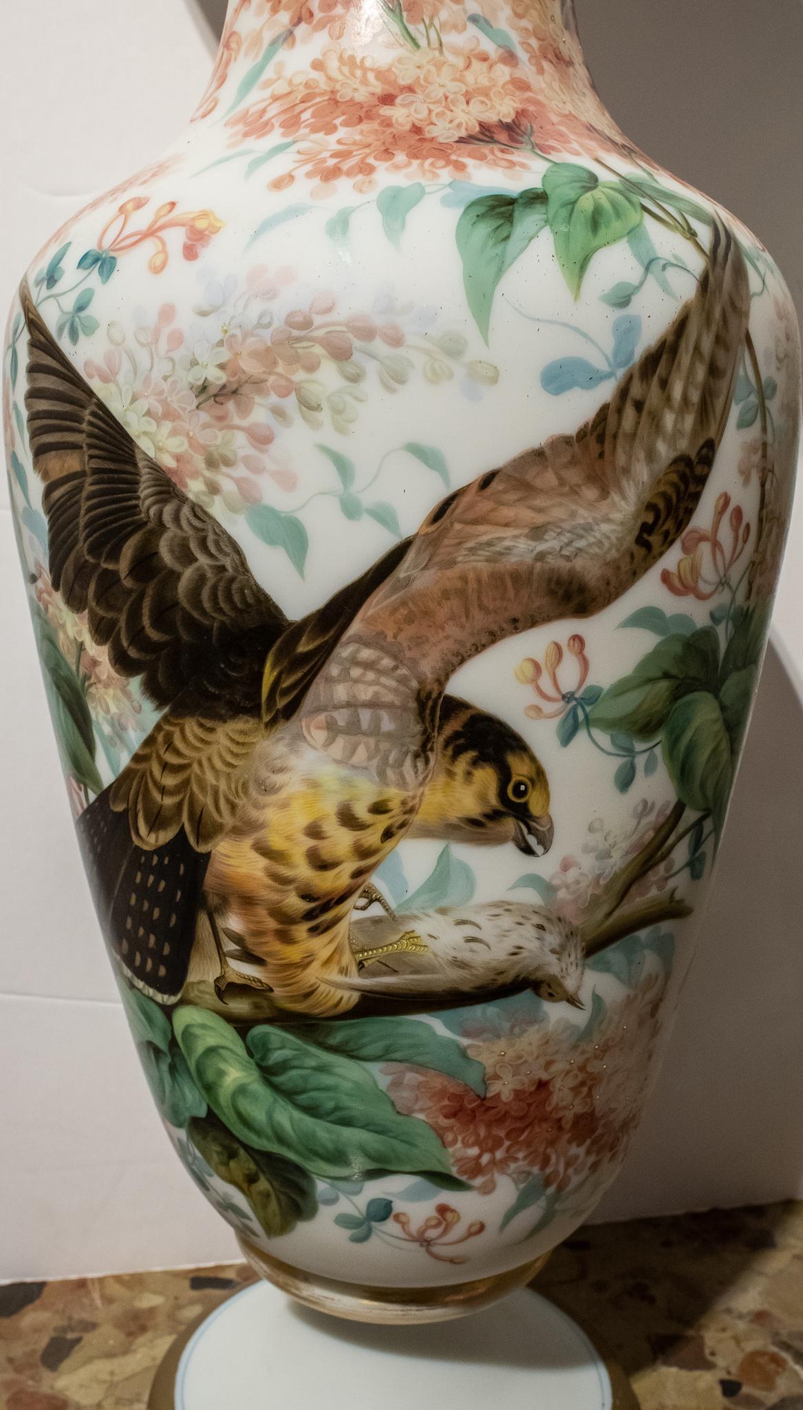 Large Pair of Tall Opaline Vases with Painted Bird and Floral Decorations For Sale 3