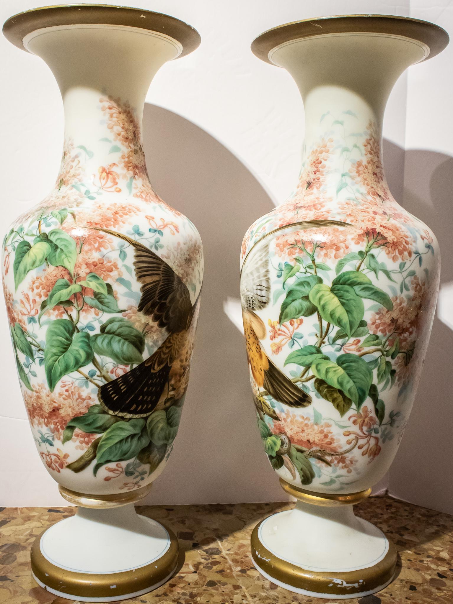 Large Pair of Tall Opaline Vases with Painted Bird and Floral Decorations For Sale 4