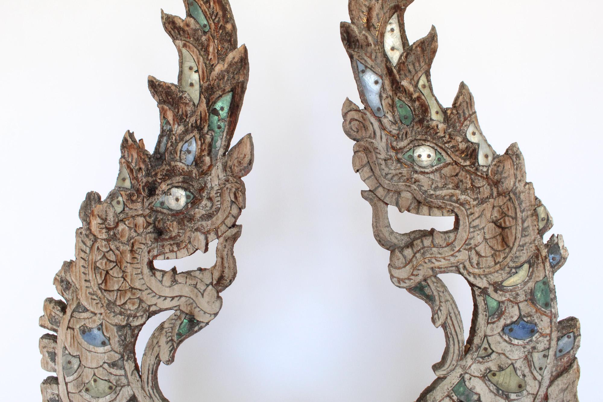 Wood Large Pair of Thai Naga Sculptures on Lucite Bases, circa 1880 For Sale