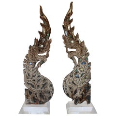 Antique Large Pair of Thai Naga Sculptures on Lucite Bases, circa 1880