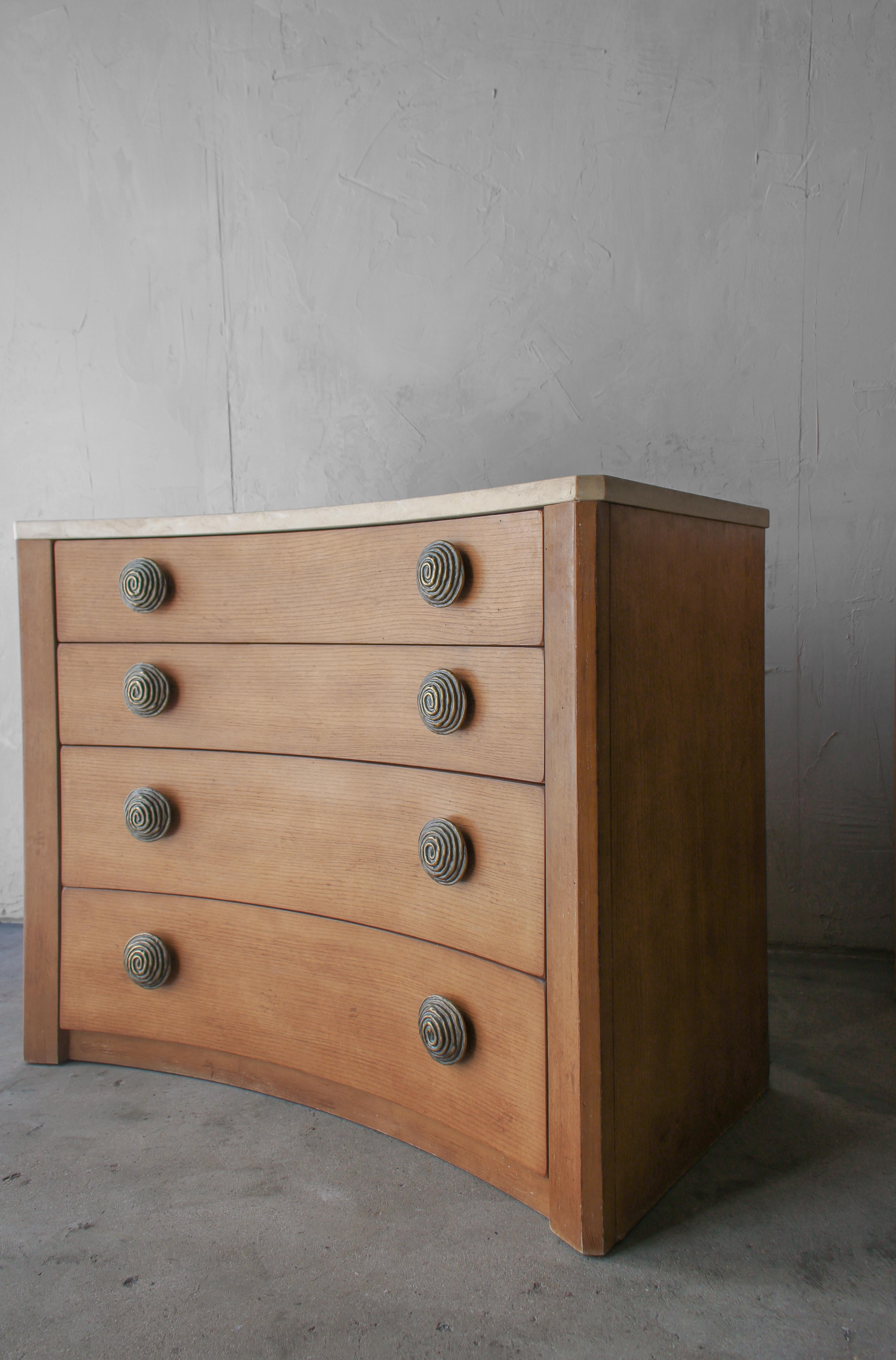 Large Pair of Travertine Top Curved Dressers 1