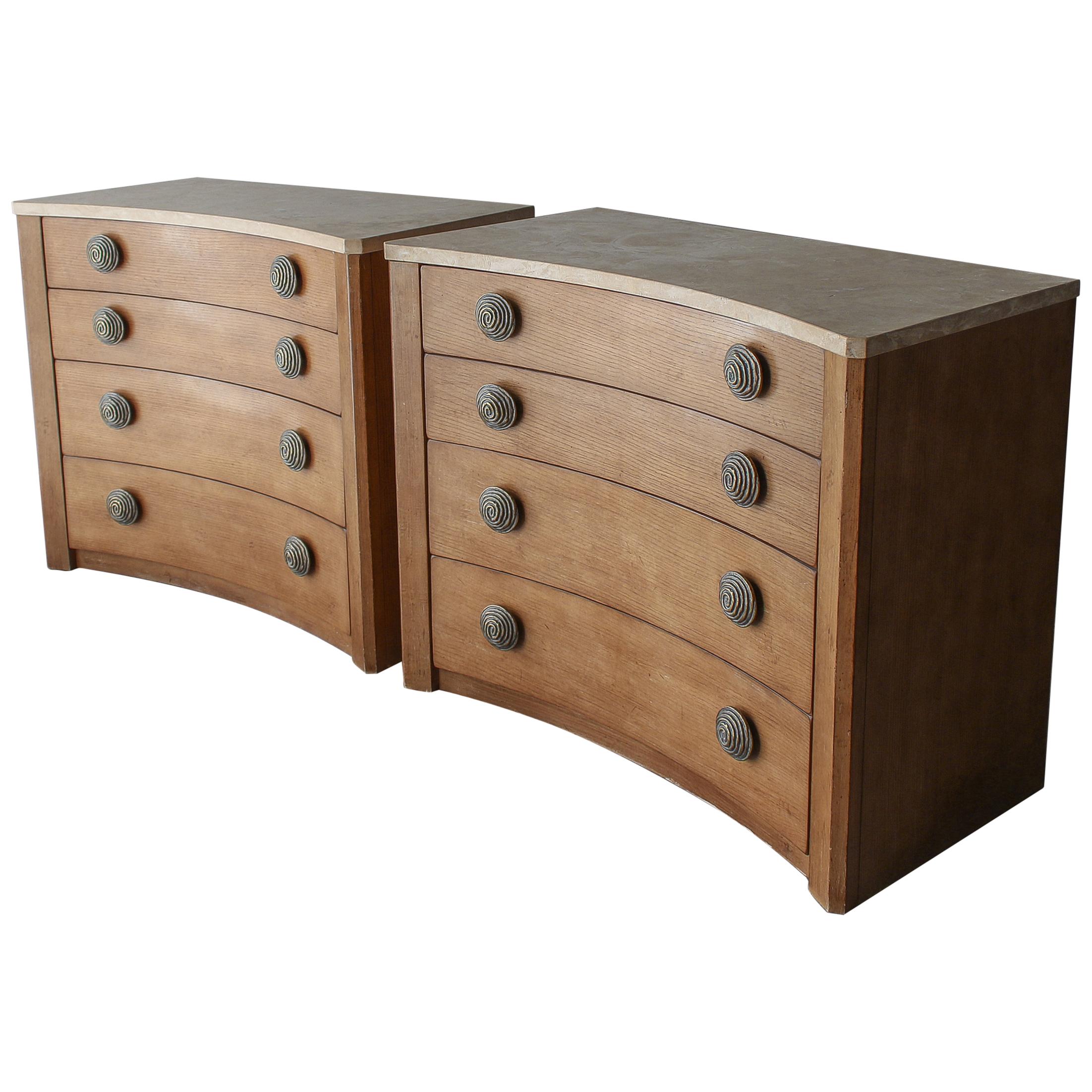 Large Pair of Travertine Top Curved Dressers