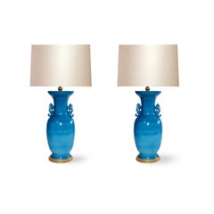 Large Pair of Turquoise blue porcelain Lamps