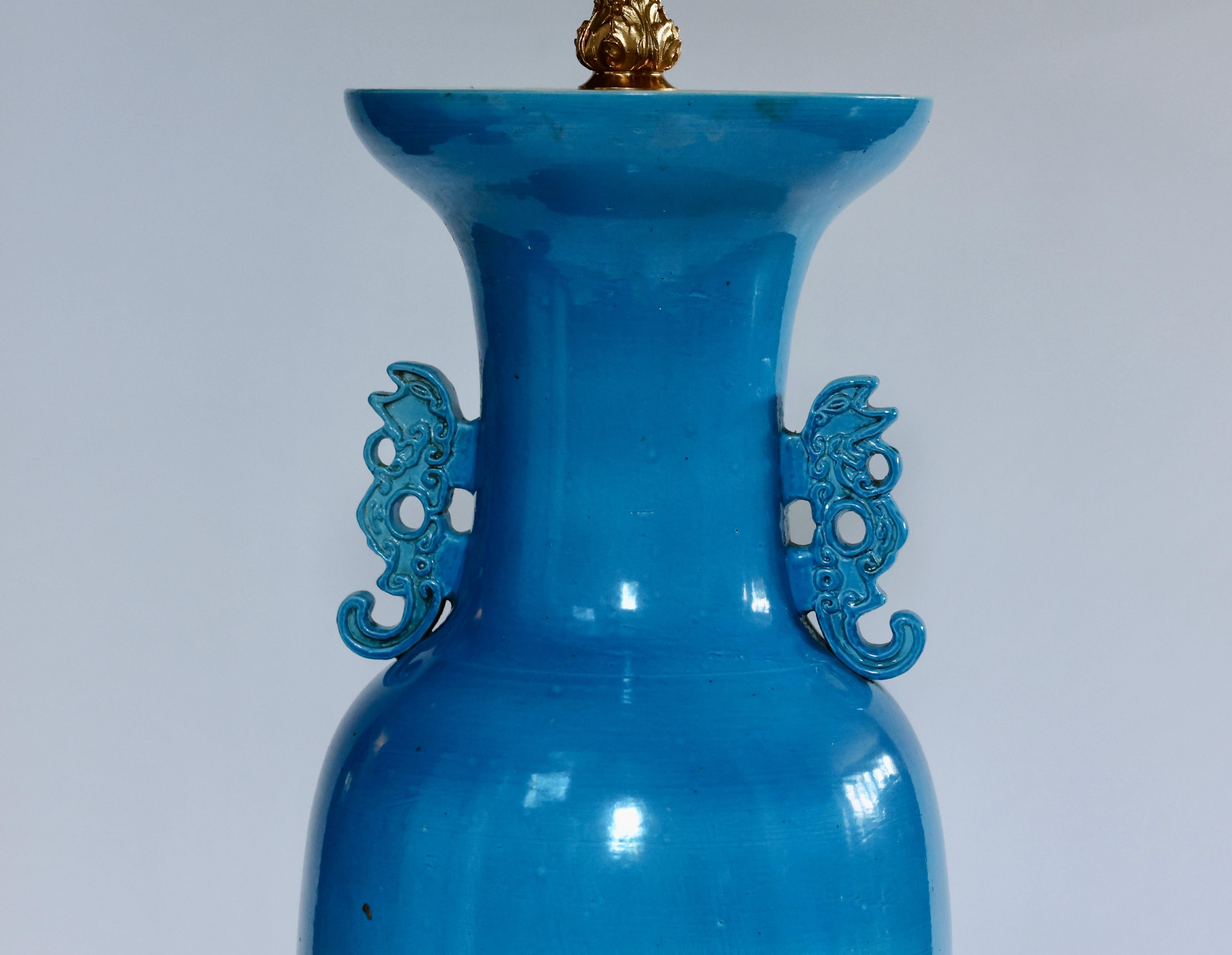 Large Pair of Turquoise blue porcelain Lamps  In Excellent Condition For Sale In New York, NY