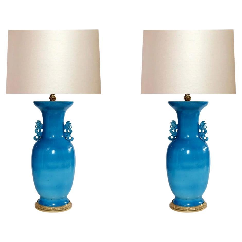 Large Pair of Turquoise blue porcelain Lamps 