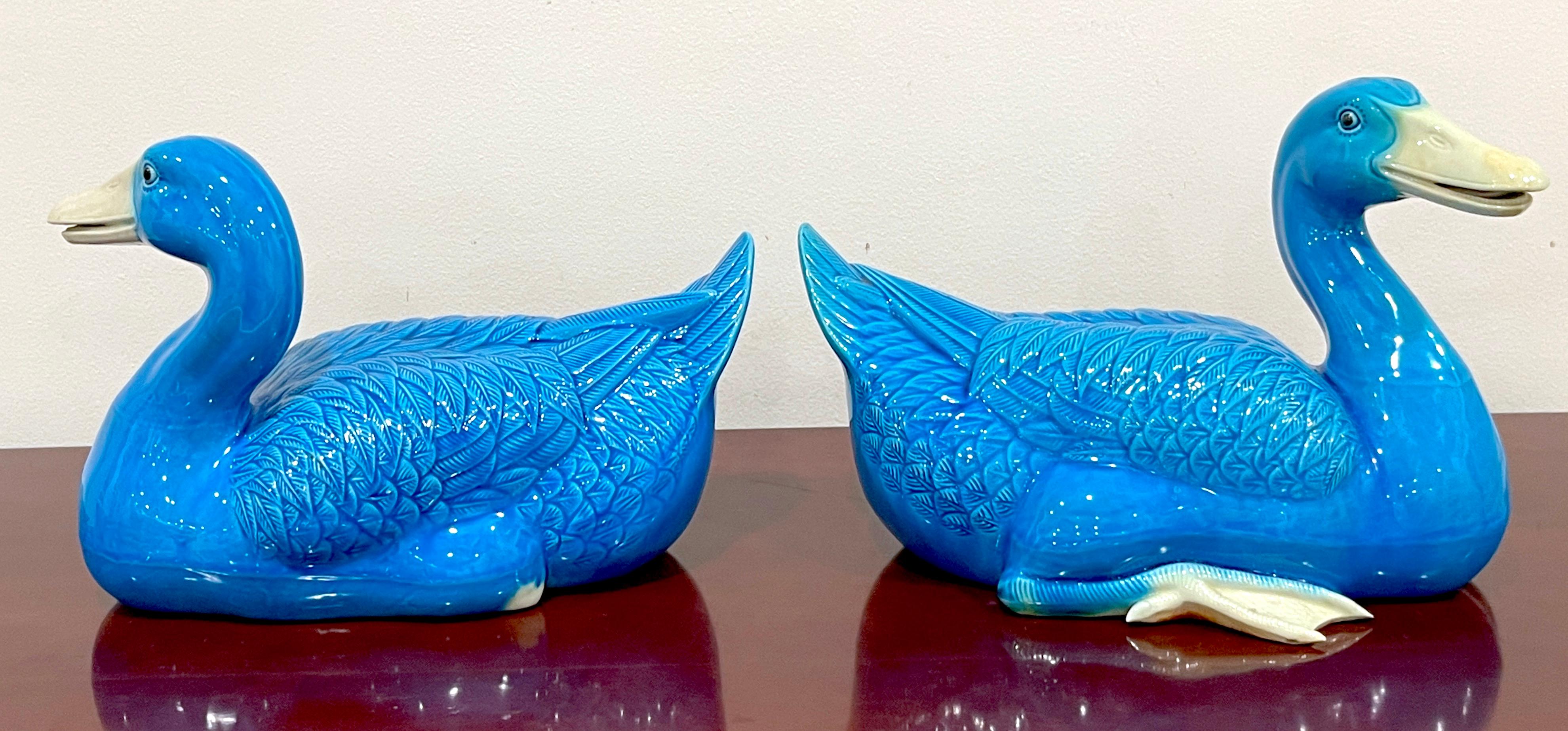 Large Pair of Turquoise Chinese Export Figures of Seated Ducks For Sale 6