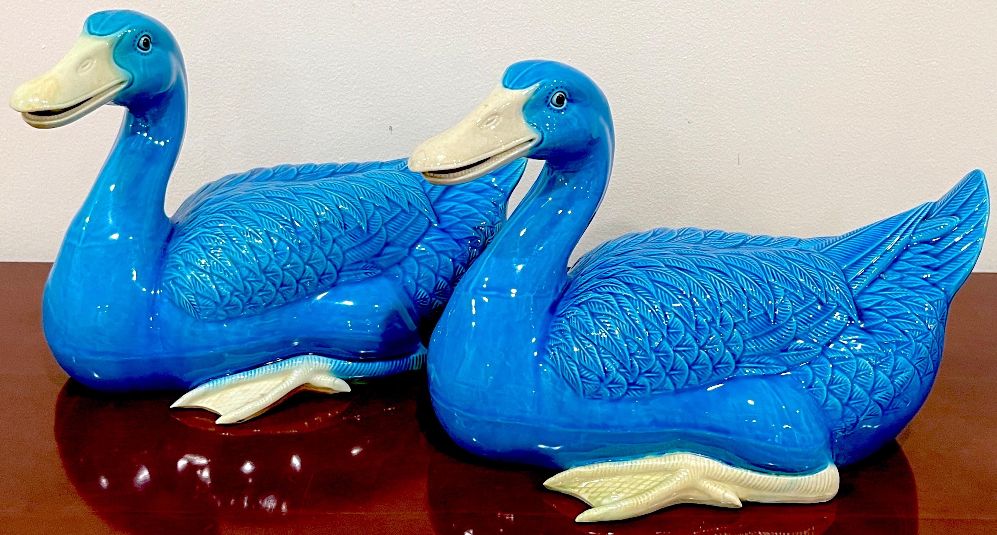 Large Pair of Turquoise Chinese Export Figures of Seated Ducks
China, 1900s
A good pair of Chinese Export Figures of Seated Ducks in a stunning turquoise glaze, originating from China in the early 1900s. These figures are of substantial size,