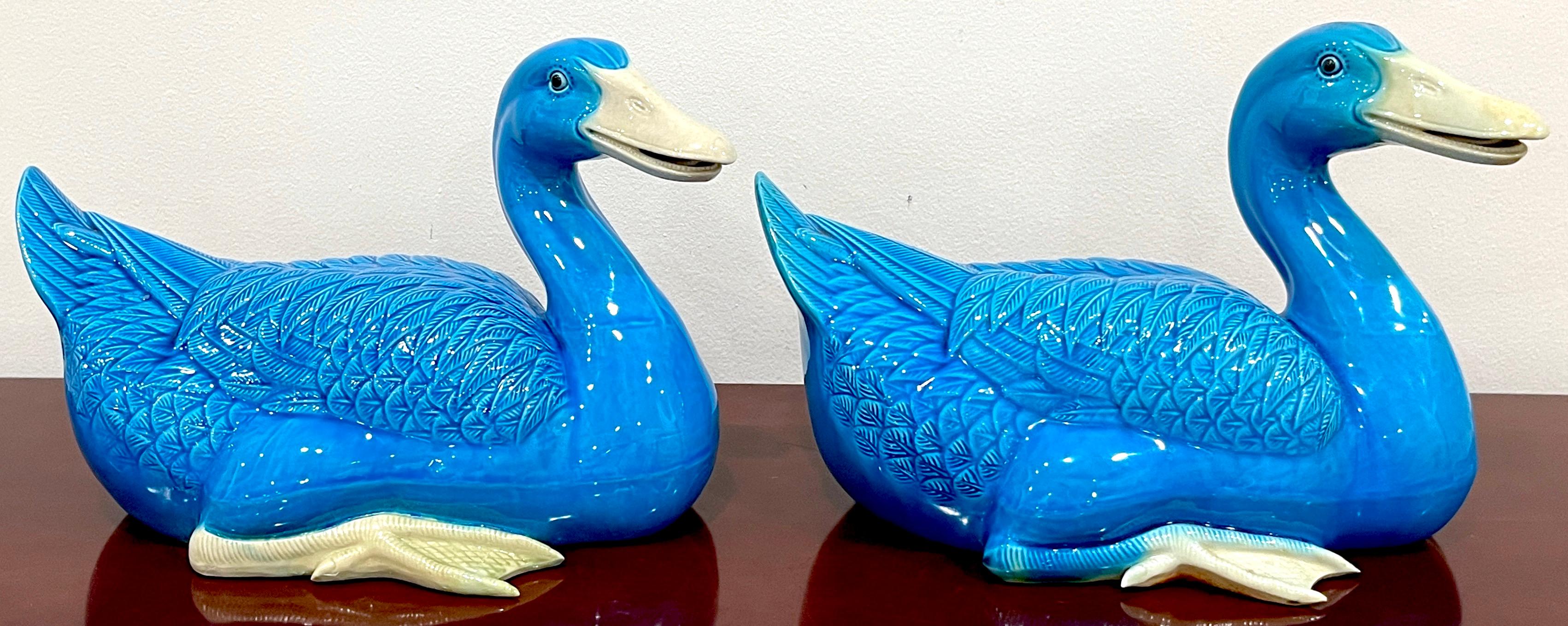 Enameled Large Pair of Turquoise Chinese Export Figures of Seated Ducks For Sale