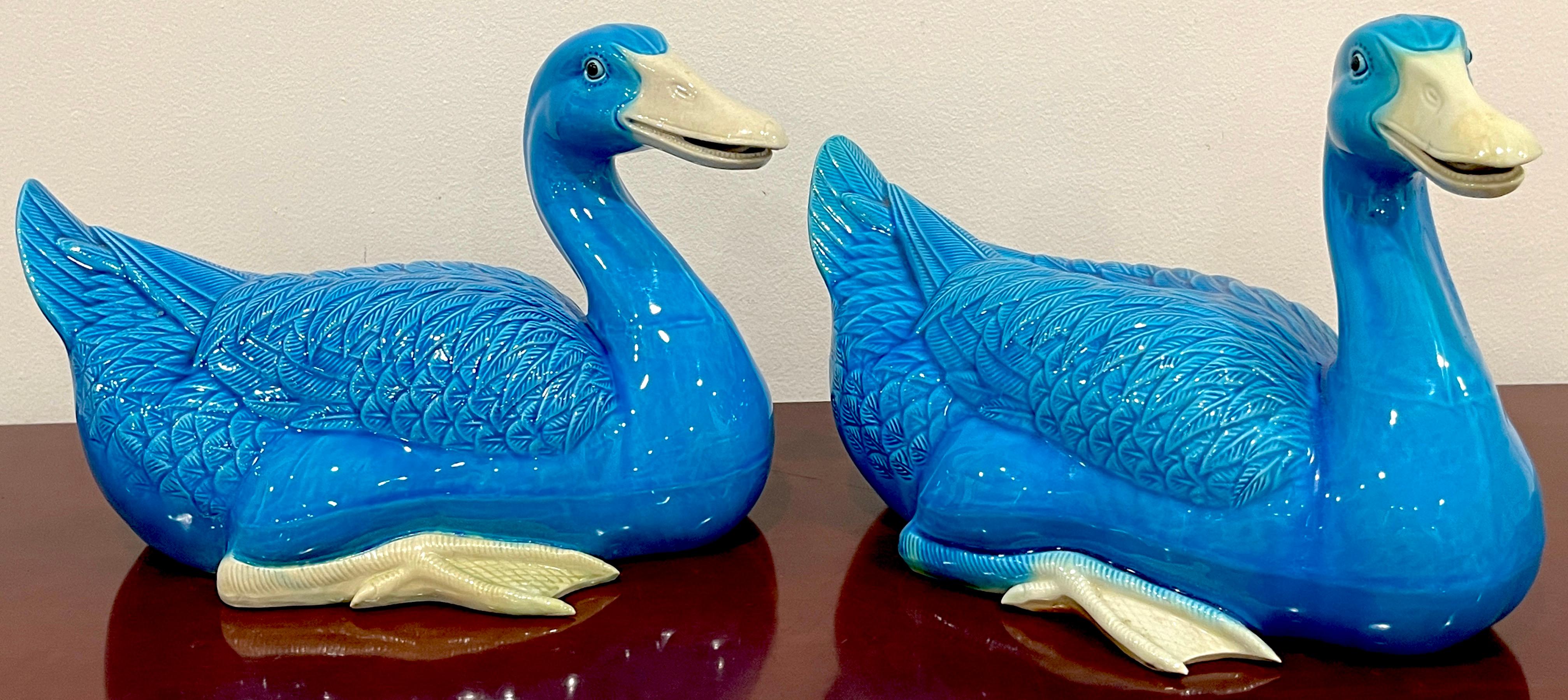 20th Century Large Pair of Turquoise Chinese Export Figures of Seated Ducks For Sale