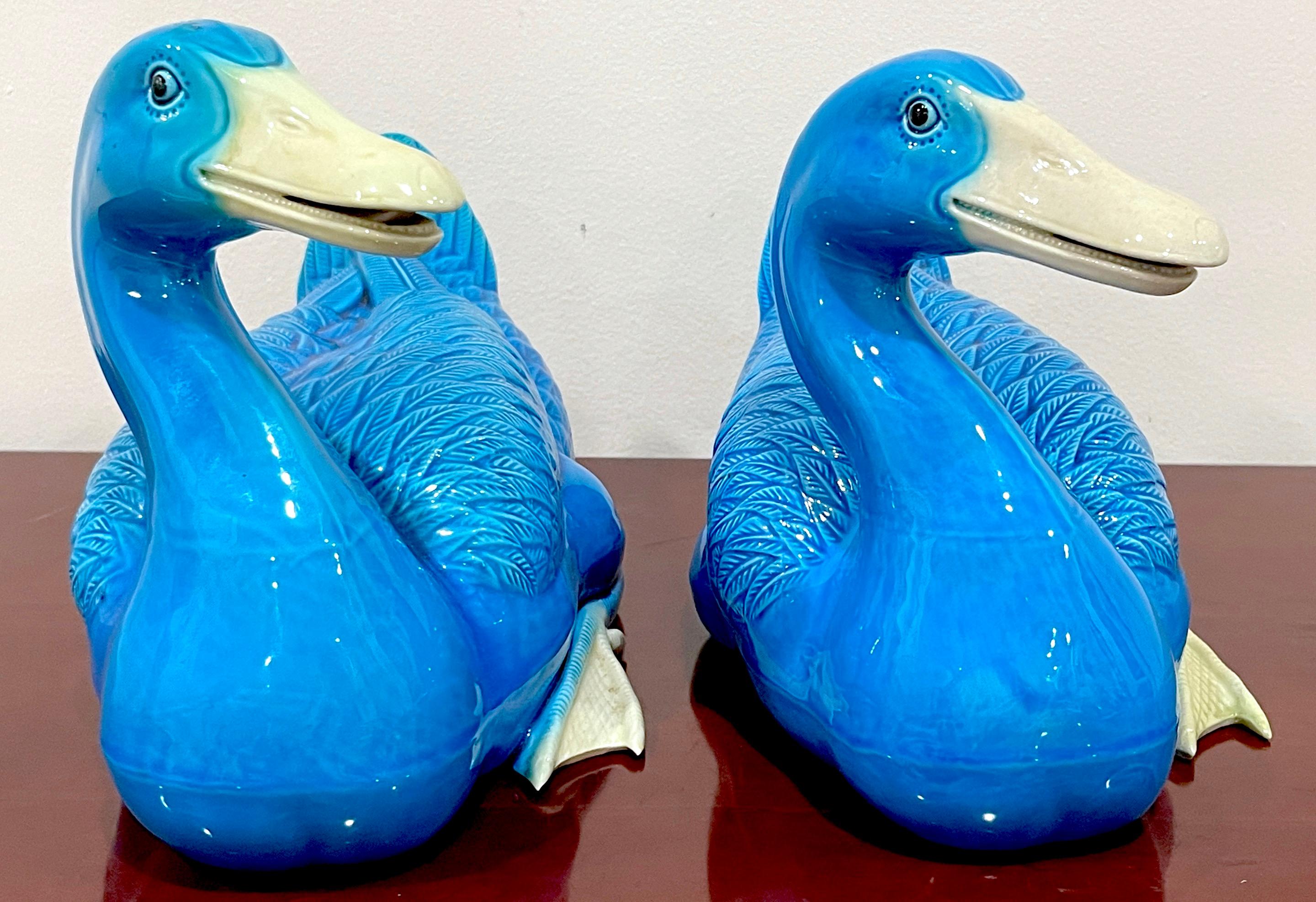 Porcelain Large Pair of Turquoise Chinese Export Figures of Seated Ducks For Sale