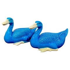 Grande paire d'exportations chinoises turquoise représentant des canards assis