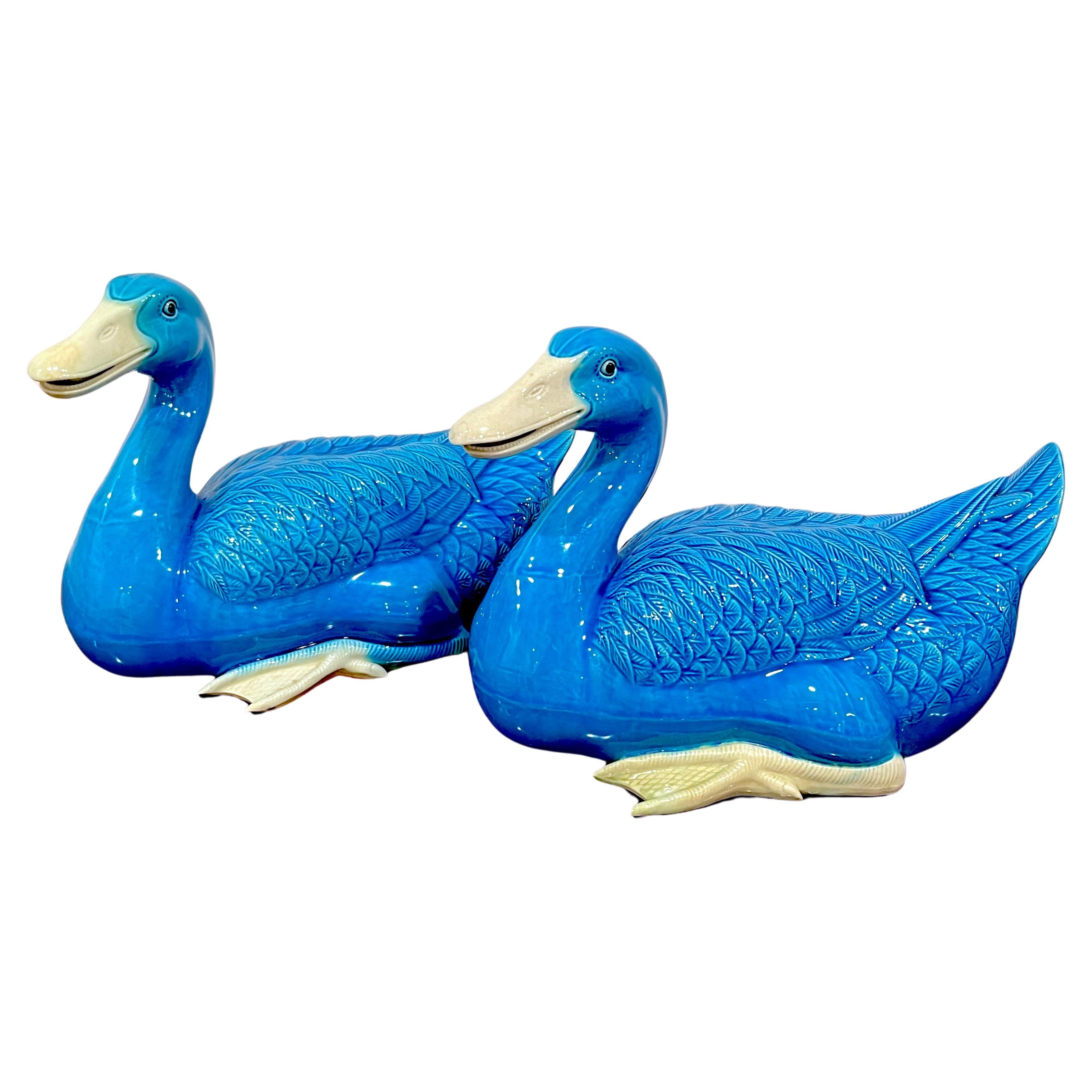 Large Pair of Turquoise Chinese Export Figures of Seated Ducks