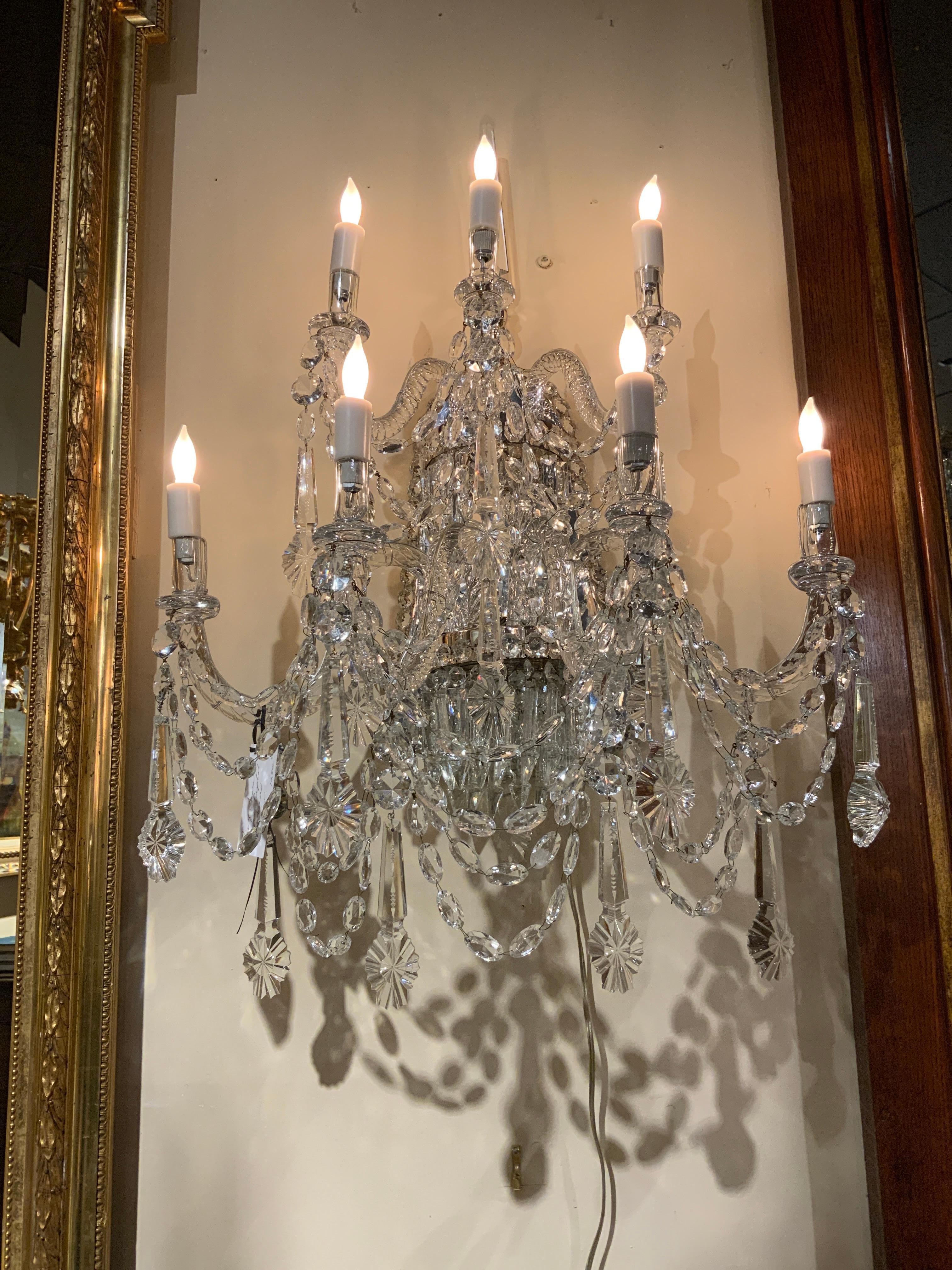 Large Pair of Venetian Crystal Sconces, Seven Candles, Silver Metal Backs For Sale 5