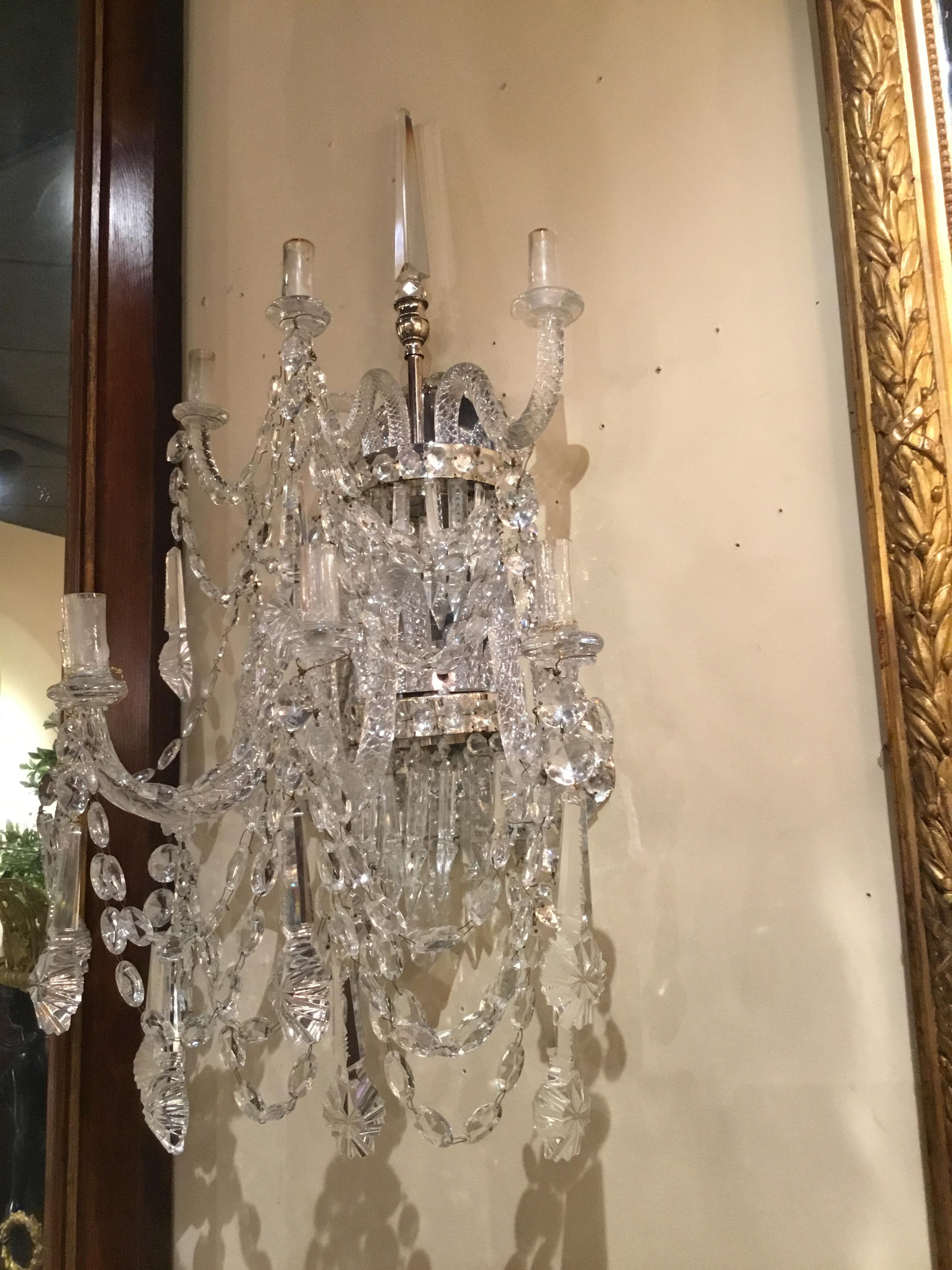 European Large Pair of Venetian Crystal Sconces, Seven Candles, Silver Metal Backs For Sale