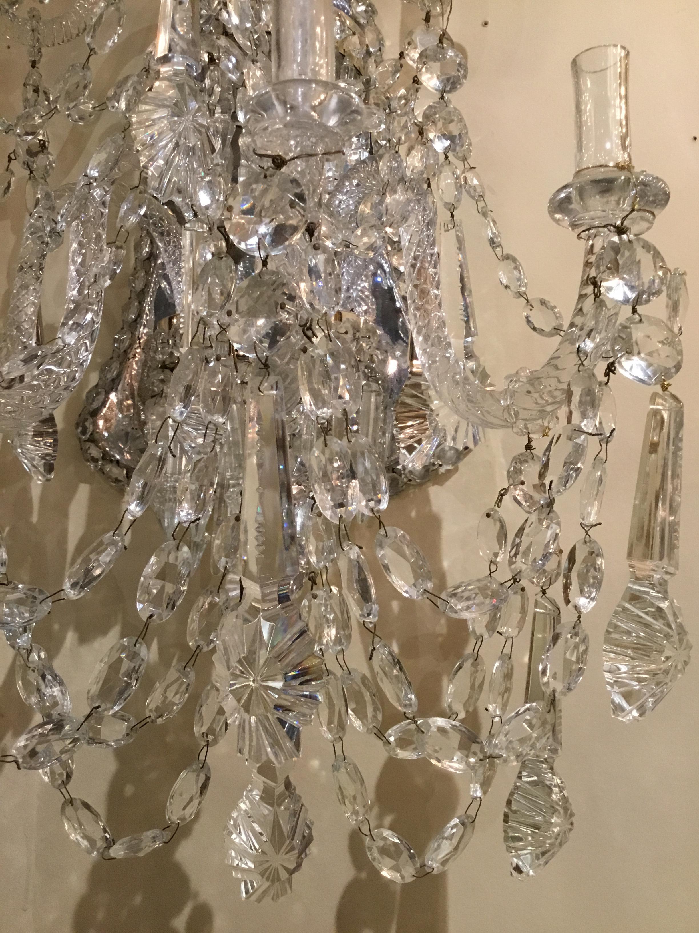Large Pair of Venetian Crystal Sconces, Seven Candles, Silver Metal Backs In Excellent Condition For Sale In Houston, TX