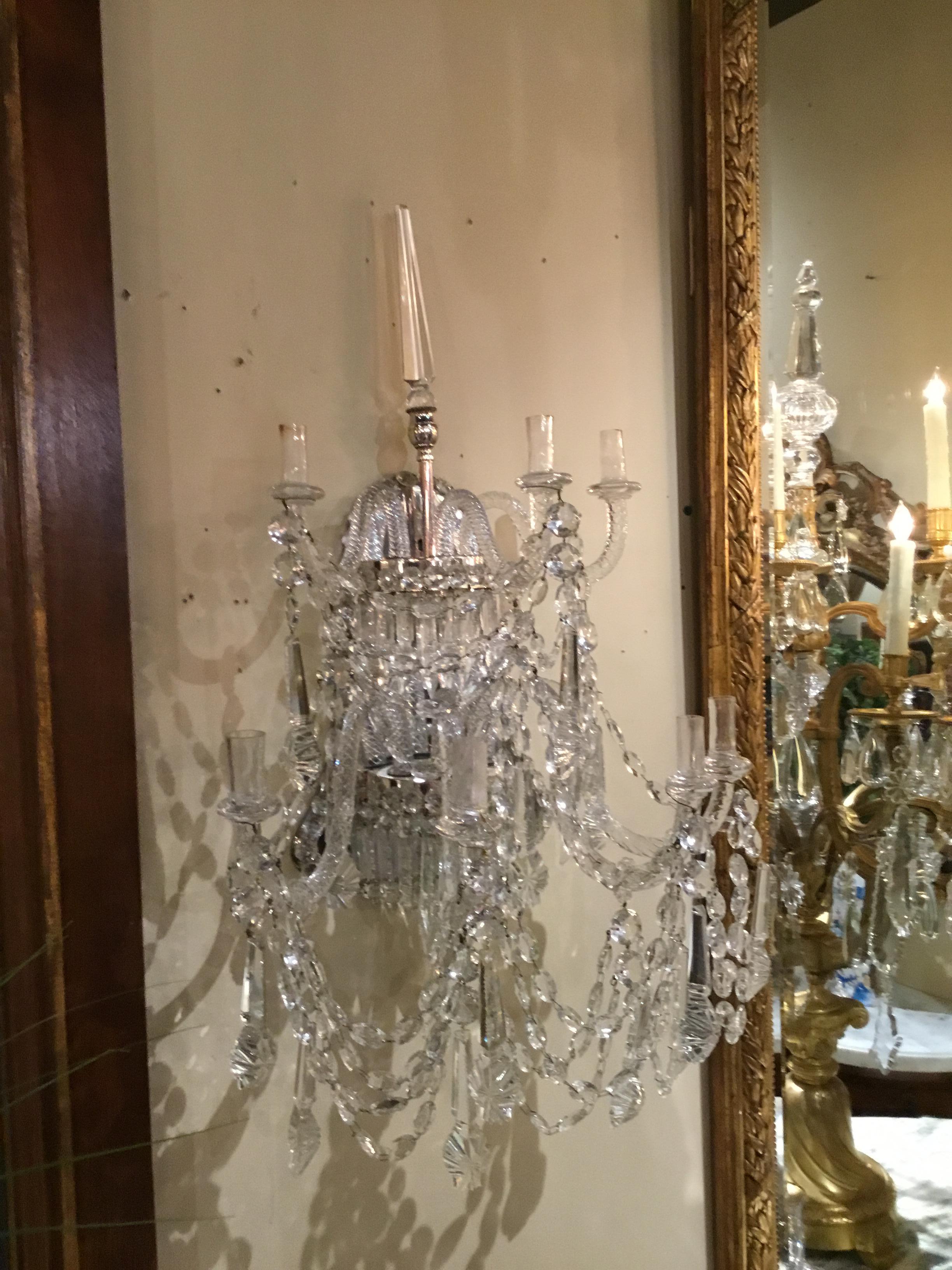 19th Century Large Pair of Venetian Crystal Sconces, Seven Candles, Silver Metal Backs For Sale