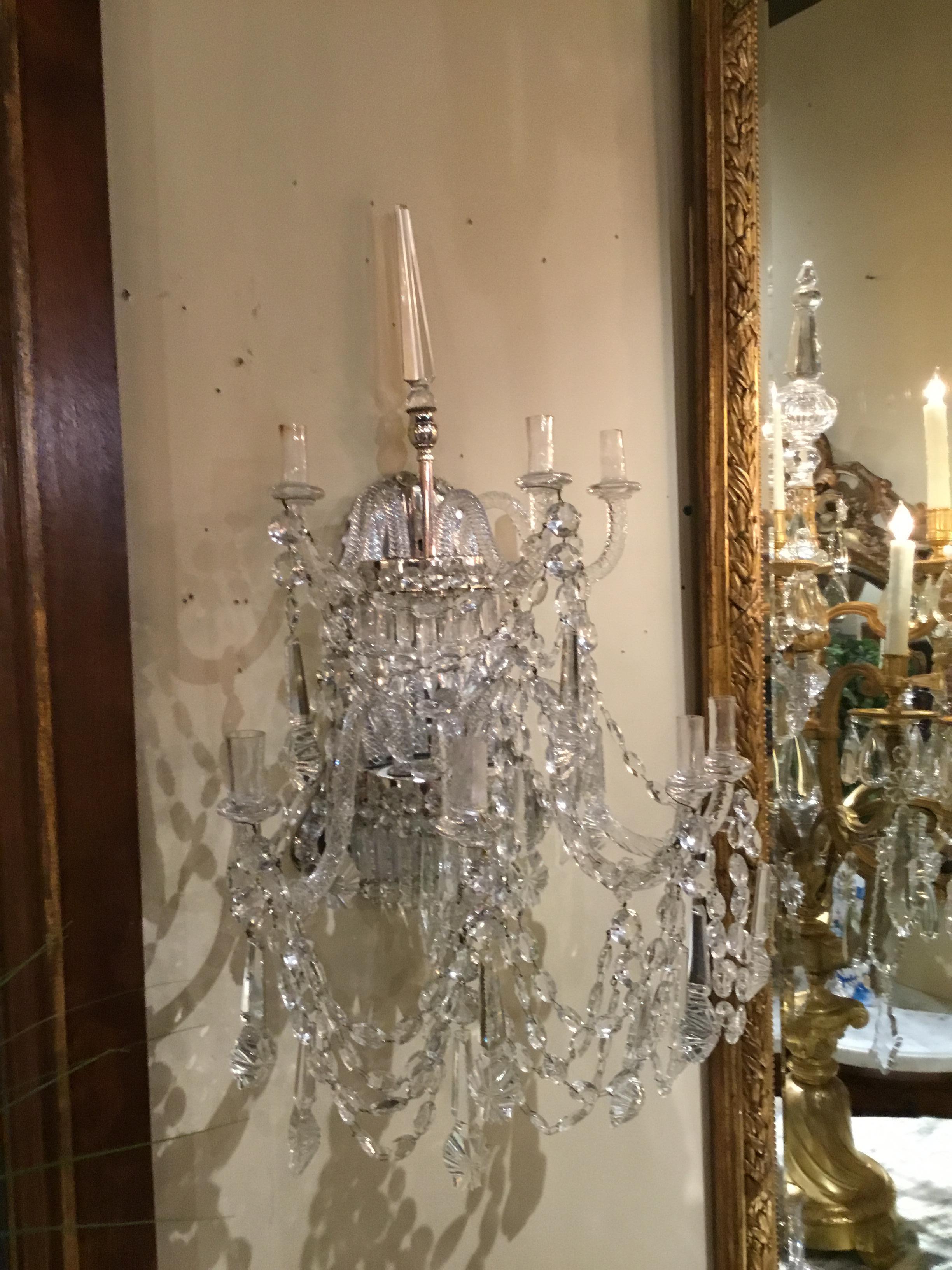 Large Pair of Venetian Crystal Sconces, Seven Candles, Silver Metal Backs For Sale 1