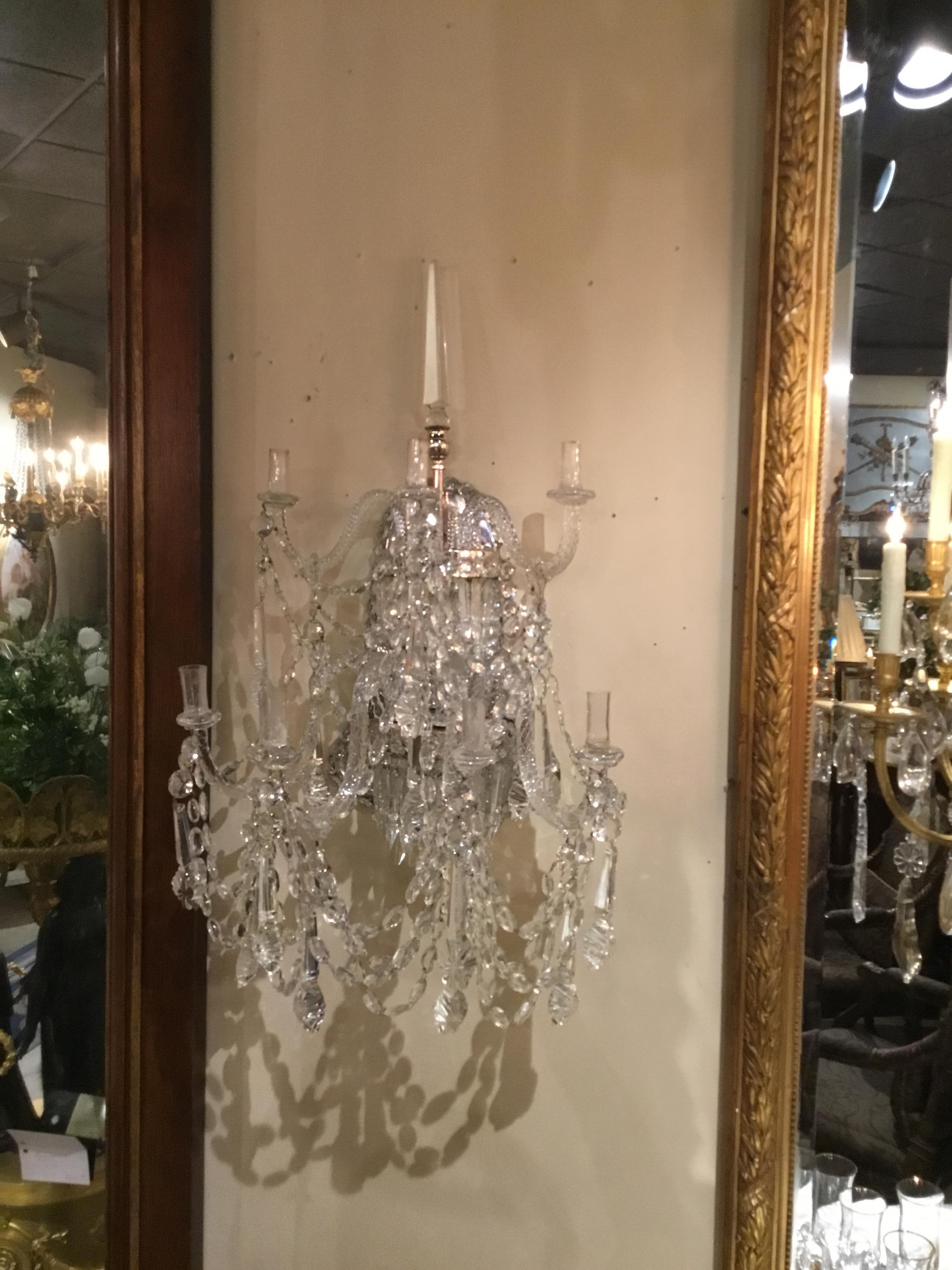 Large Pair of Venetian Crystal Sconces, Seven Candles, Silver Metal Backs For Sale 1