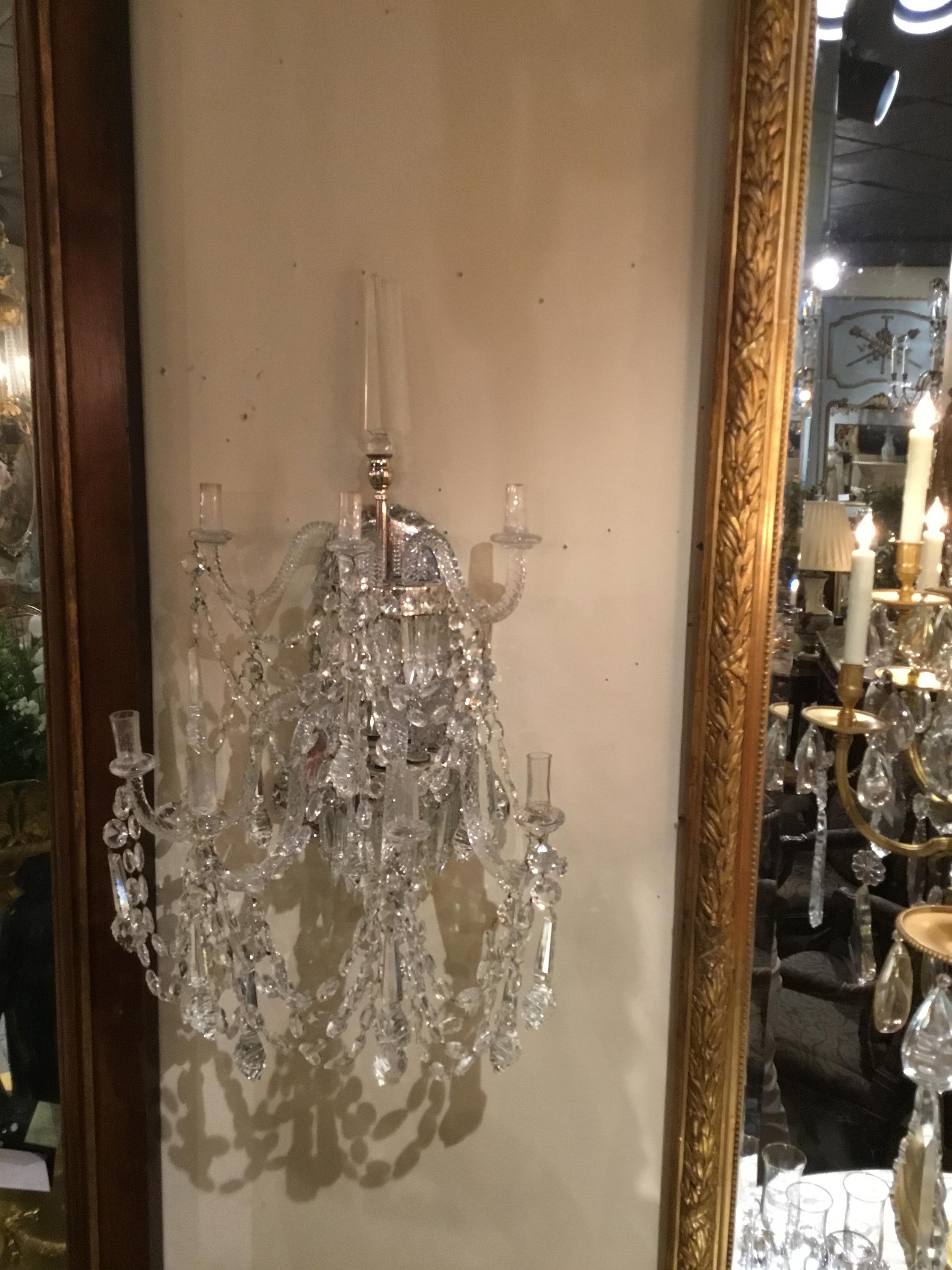 Large Pair of Venetian Crystal Sconces, Seven Candles, Silver Metal Backs For Sale 3