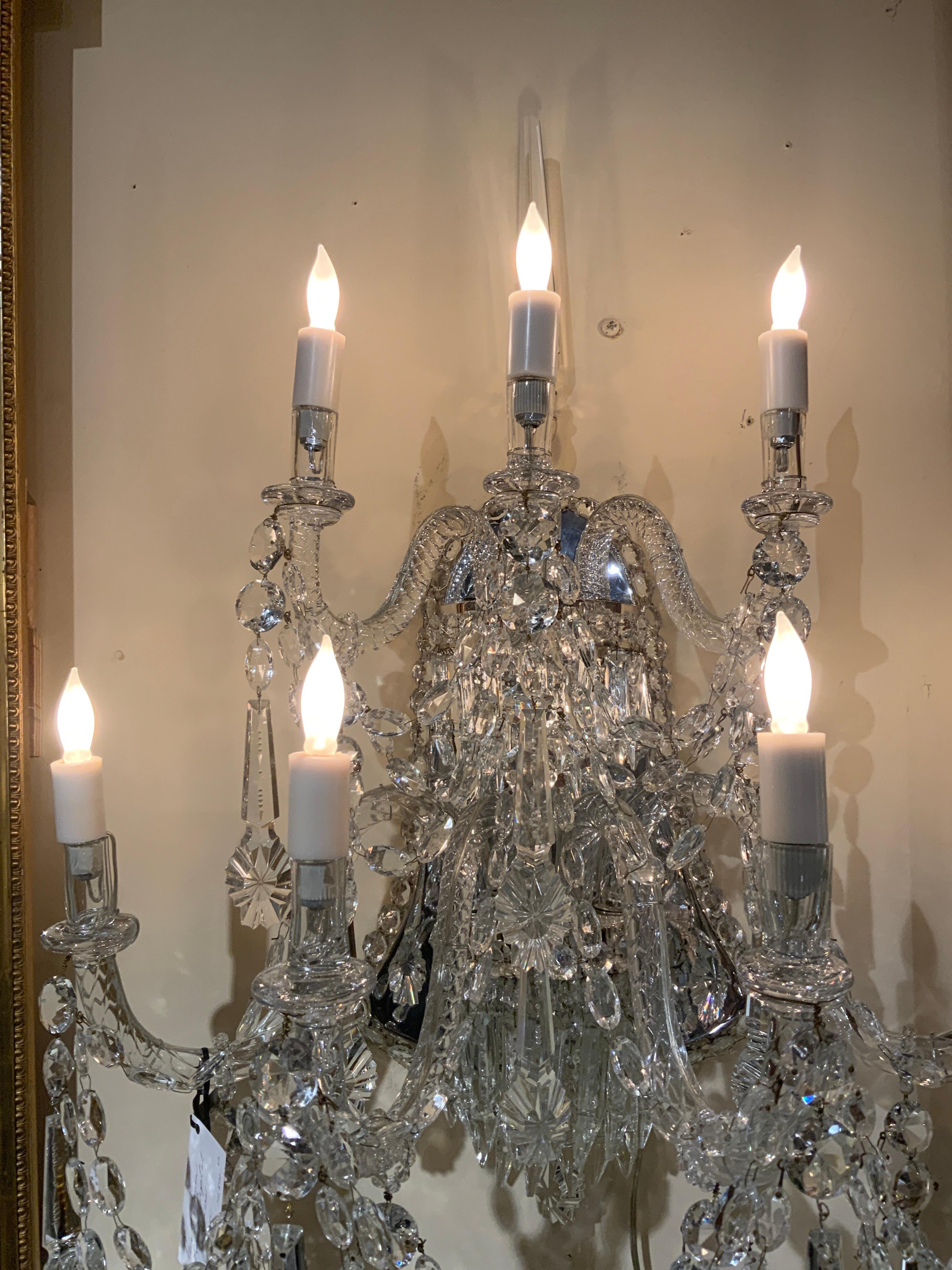 Large Pair of Venetian Crystal Sconces, Seven Candles, Silver Metal Backs For Sale 4