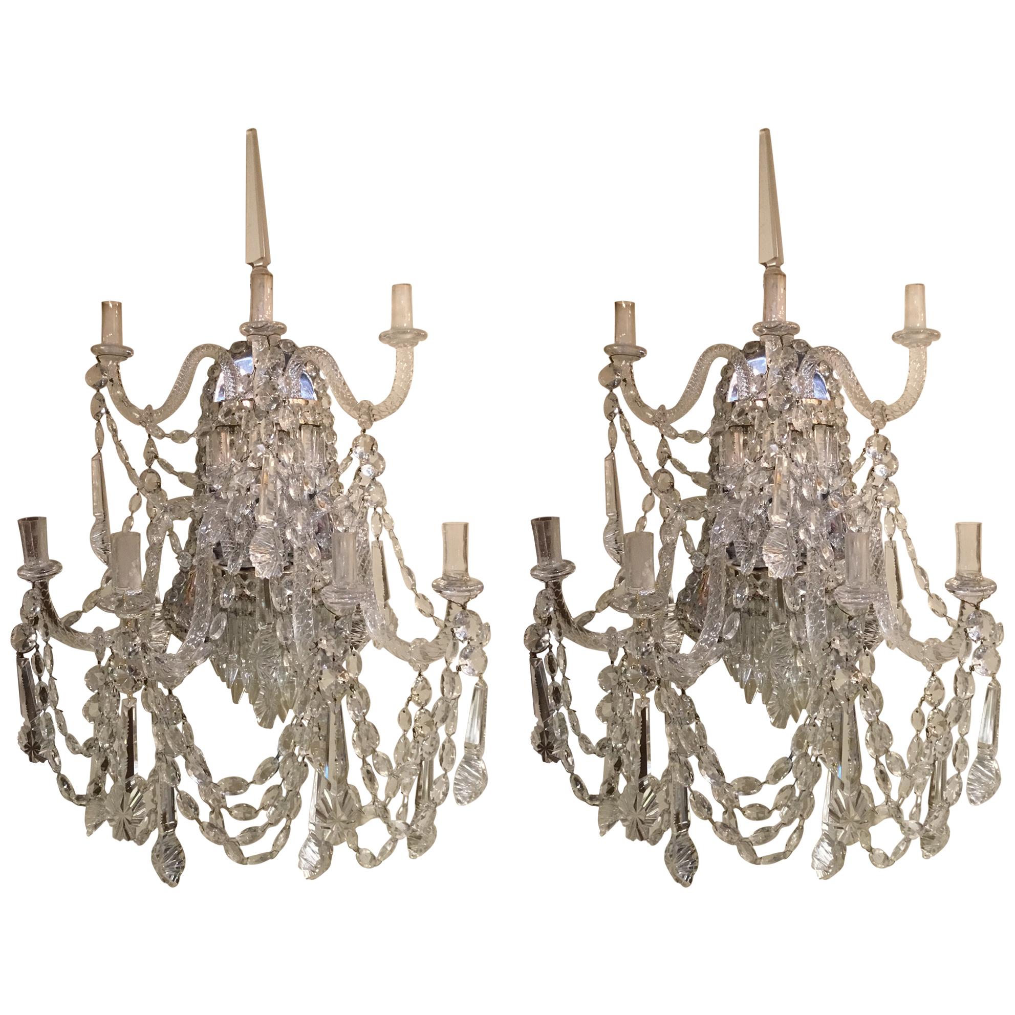Large Pair of Venetian Crystal Sconces, Seven Candles, Silver Metal Backs