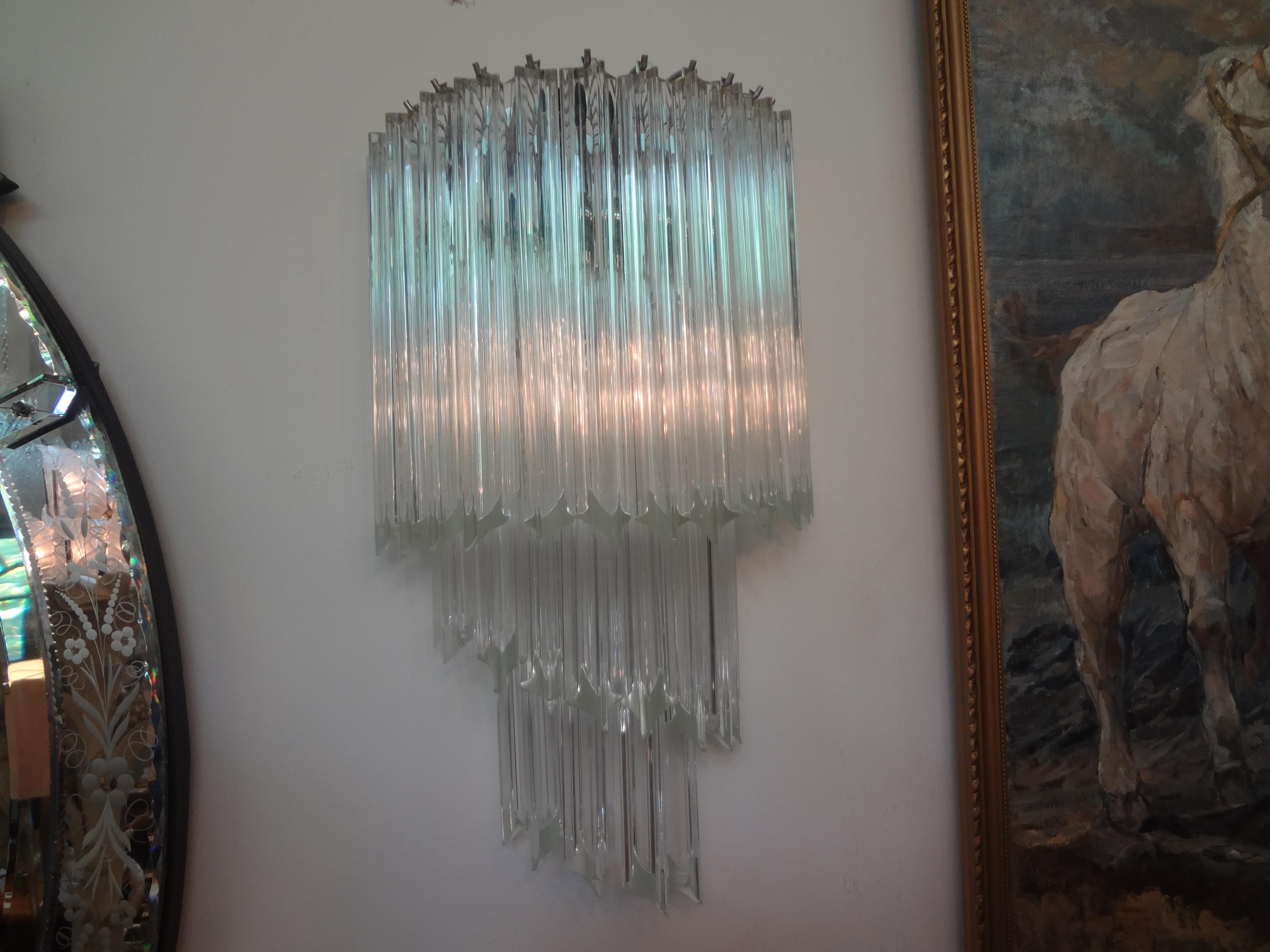 Large Pair of Venini Attributed Murano Glass Spiral Sconces.
Stunning large pair of Venini attributed Murano clear glass prism sconces on chrome structures. This gorgeous pair of Mid-Century Modern Murano sconces are most likely by Toni Zuccheri for
