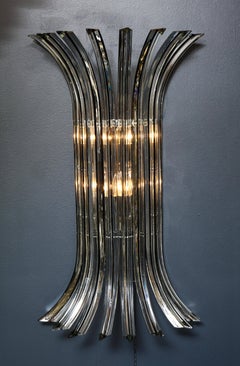Pair of Large Clear Murano Glass Rod Sconces with Black Vein and Chrome, Italy