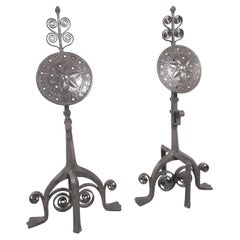 Large pair of Victorian Arts & Crafts Iron Andirons  Fire Dogs