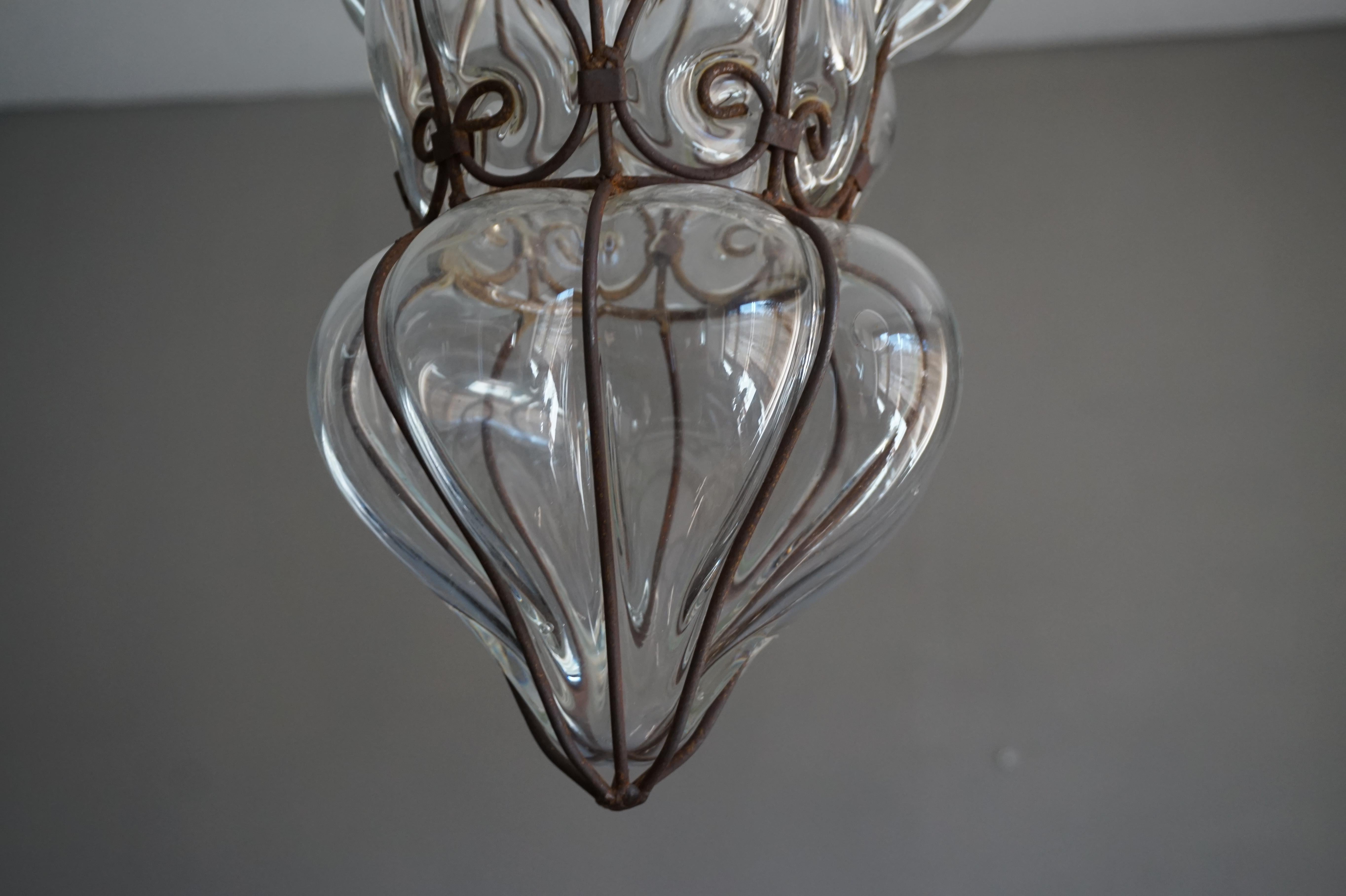 Large Pair of Victorian Style Mouthblown Glass Venetian Pendant Light Fixtures 2