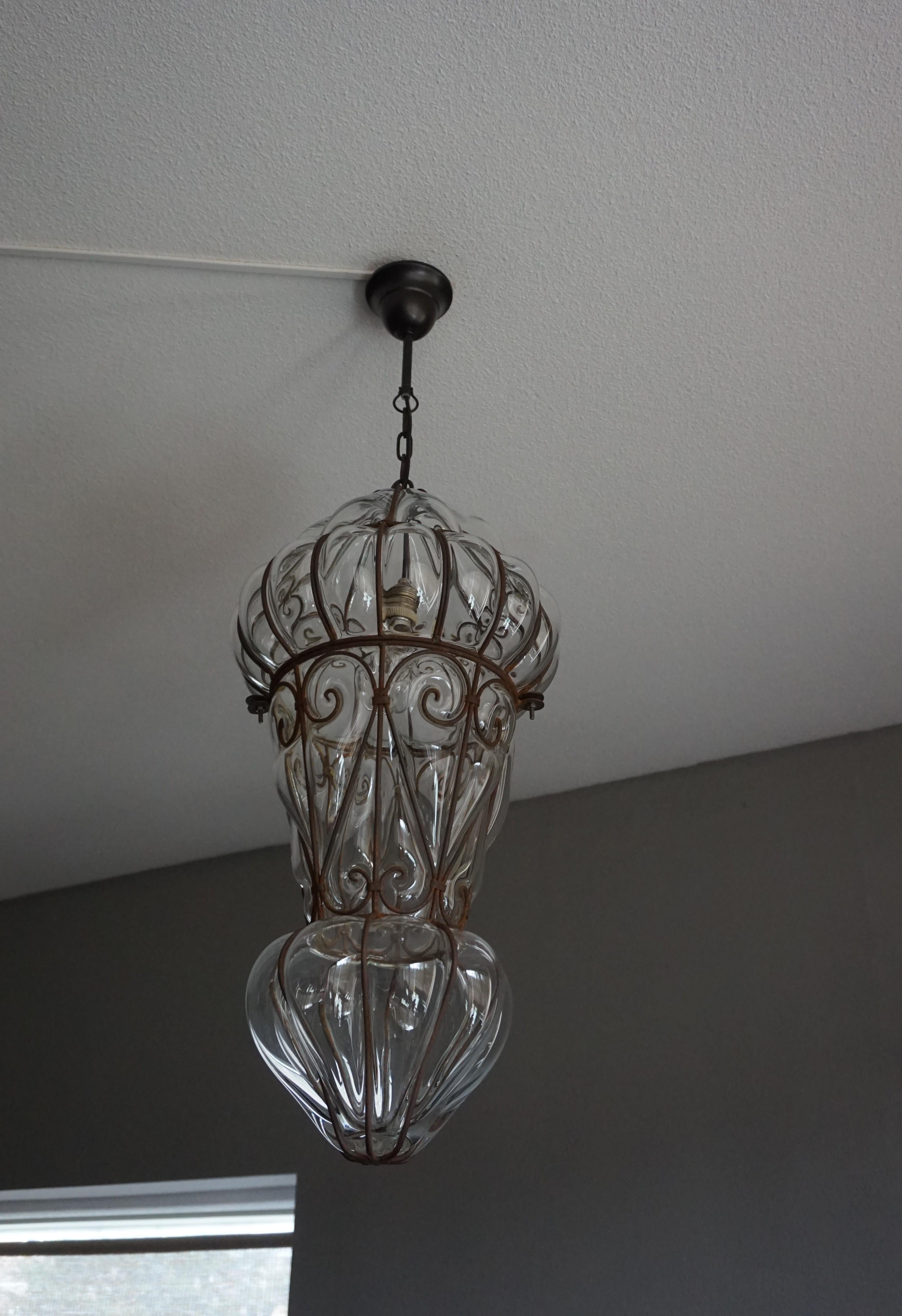 Large Pair of Victorian Style Mouthblown Glass Venetian Pendant Light Fixtures 5