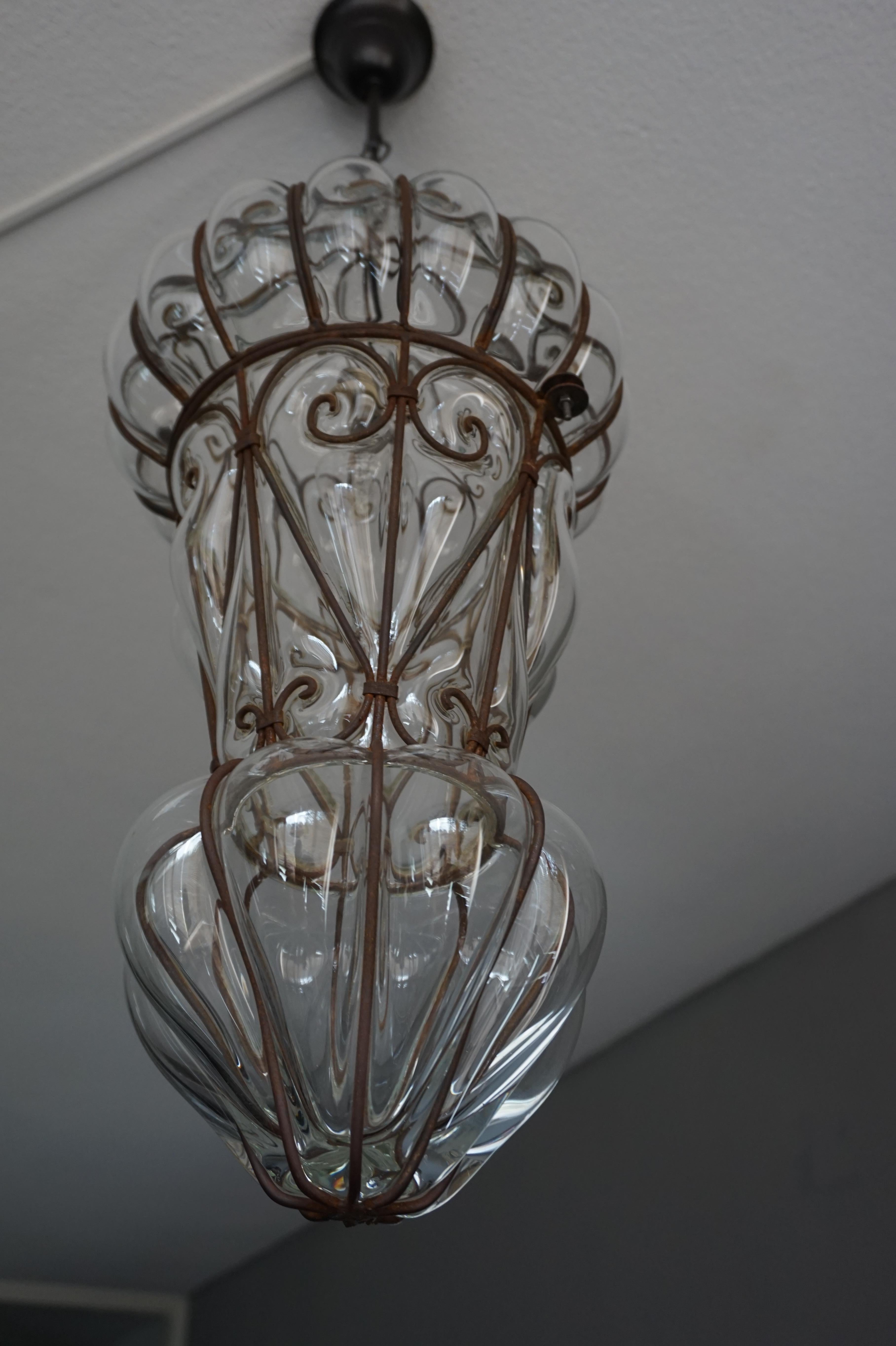 20th Century Large Pair of Victorian Style Mouthblown Glass Venetian Pendant Light Fixtures
